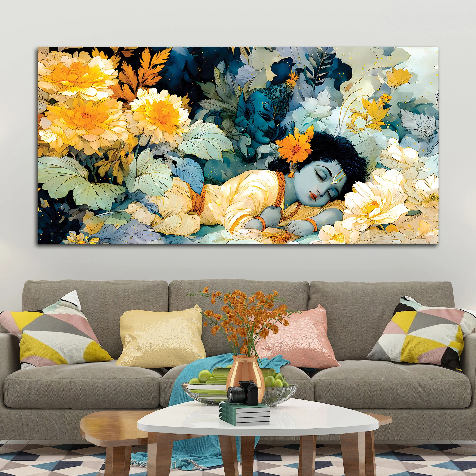 Peaceful Baby Krishna Sleeping Painting with Floral Theme - Image 3