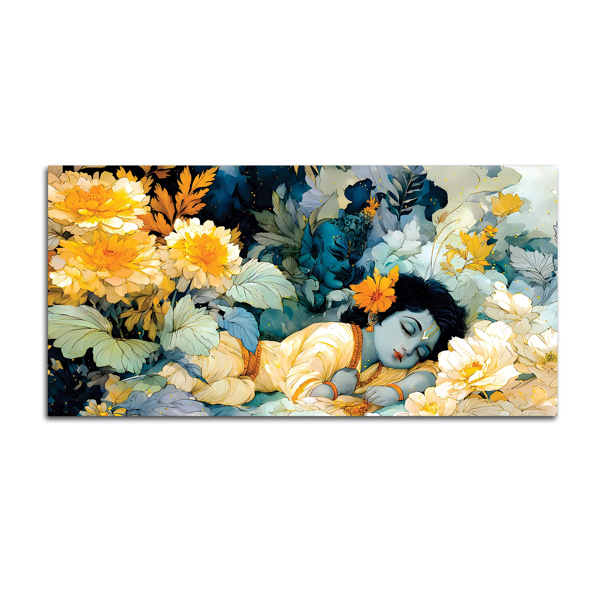 Peaceful Baby Krishna Sleeping Painting with Floral Theme - Image 4