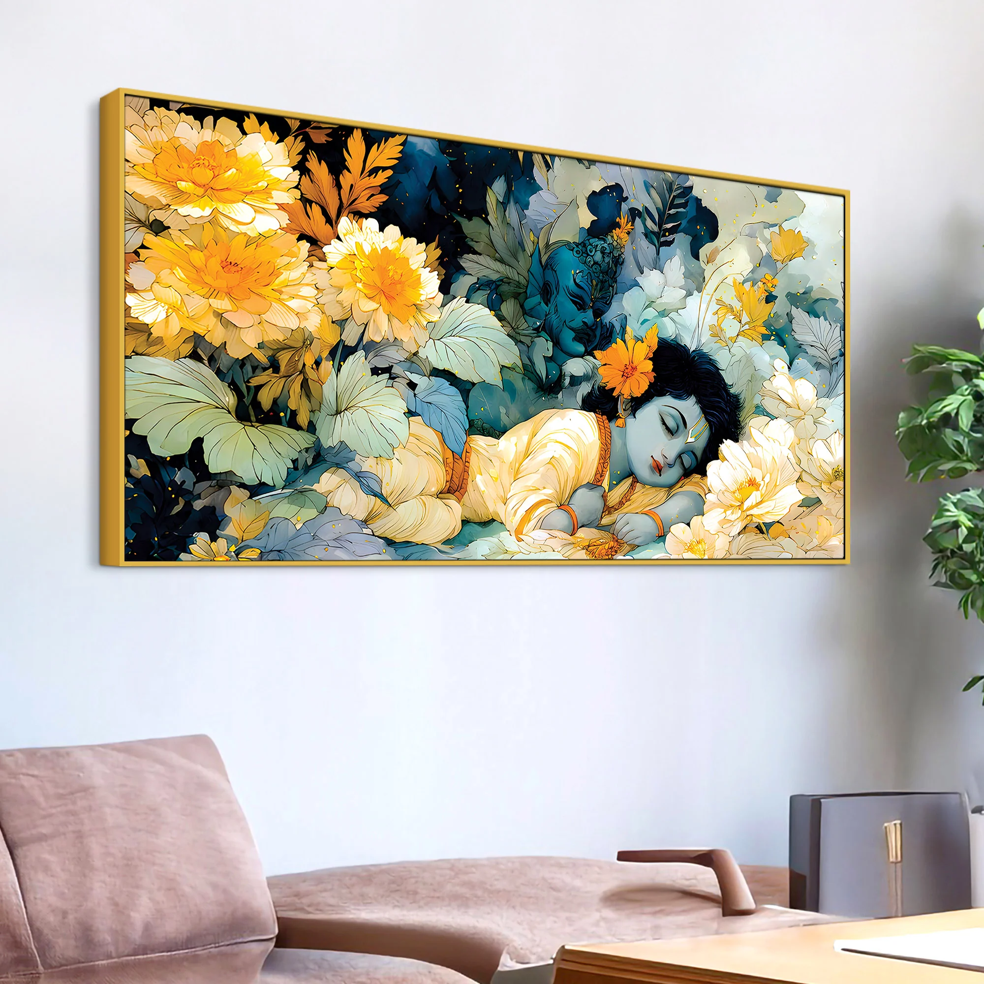 Peaceful Baby Krishna Sleeping Painting with Floral Theme - Image 5