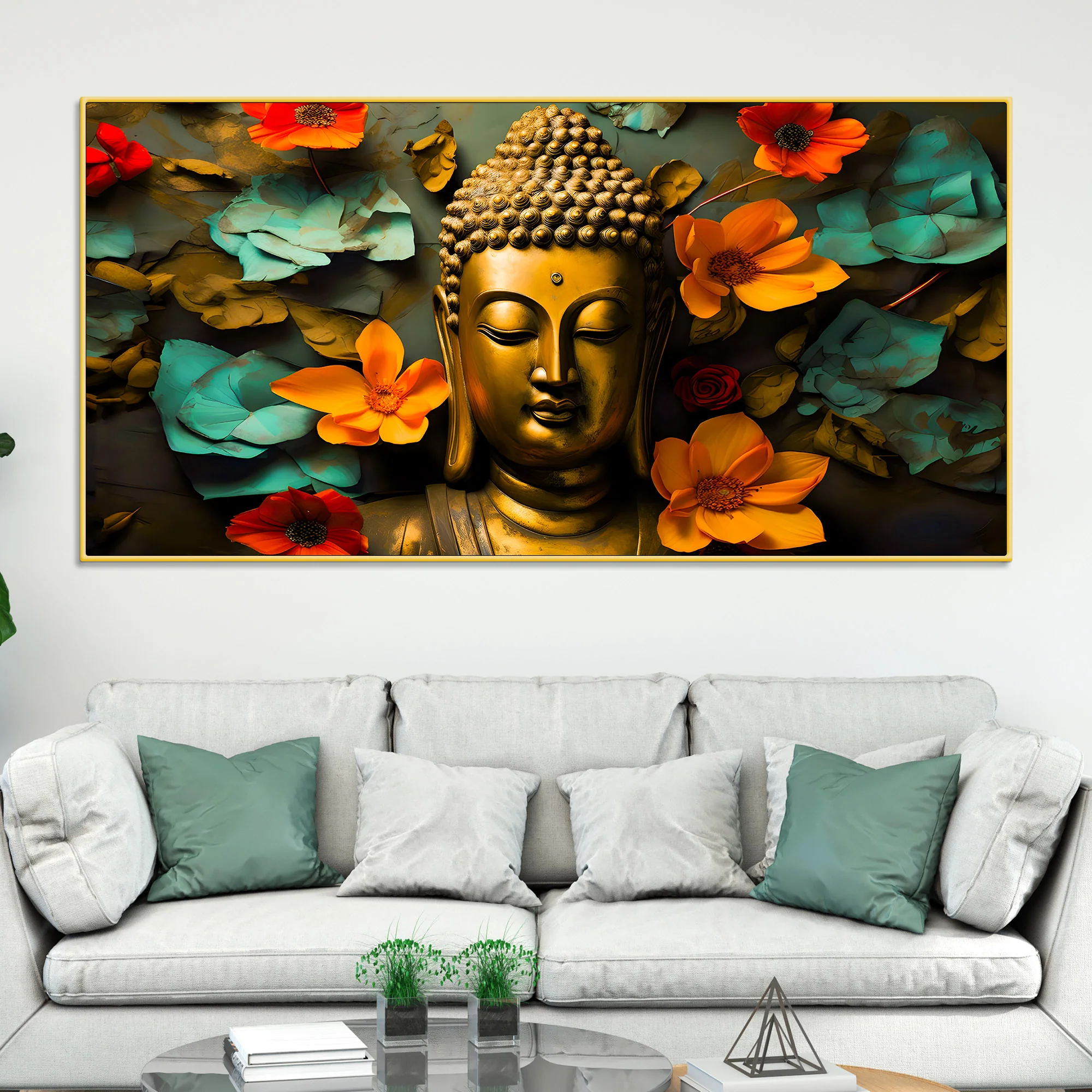 Peaceful Buddha Floral Canvas Painting for Living Room - Image 2
