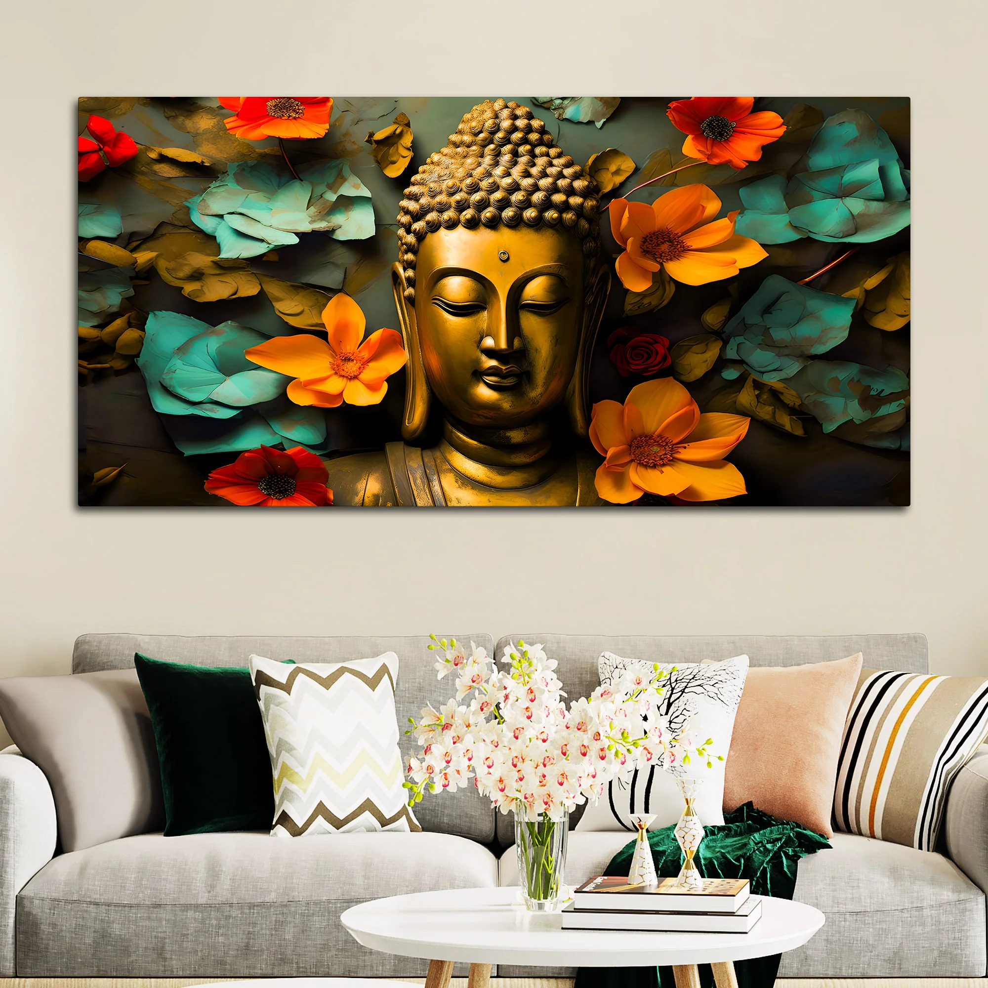 Peaceful Buddha Floral Canvas Painting for Living Room - Image 3