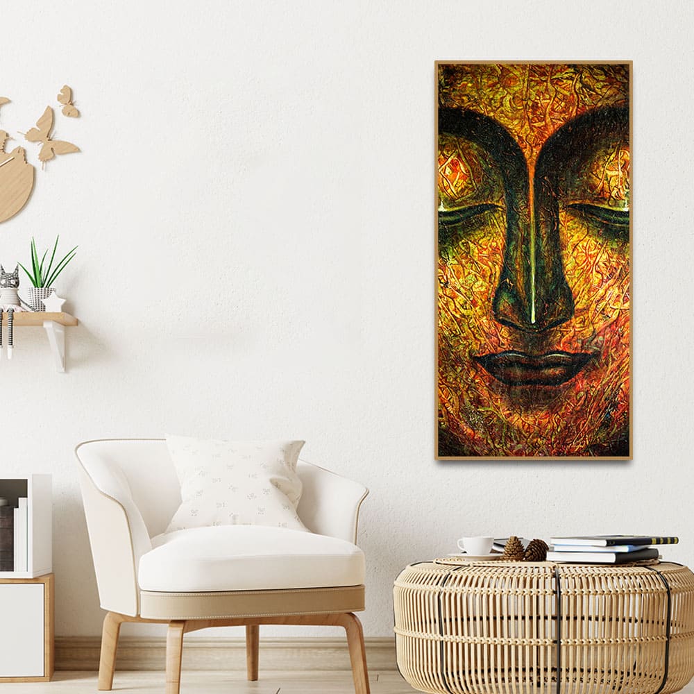 Peaceful Golden Textured Art Buddha Wall Painting - Image 3