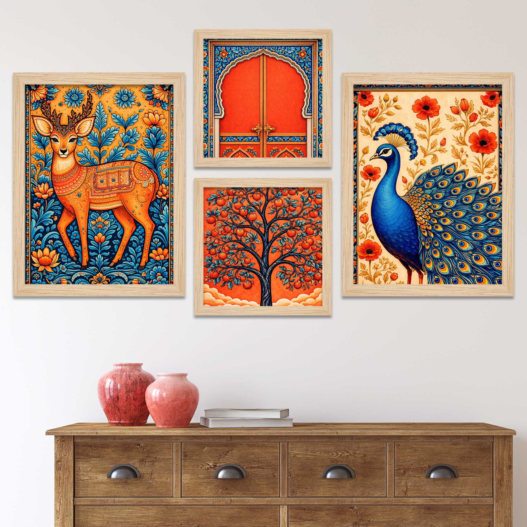Peacock Deer Tree Indian Folk Art Wall Frame Set of Four - Image 2