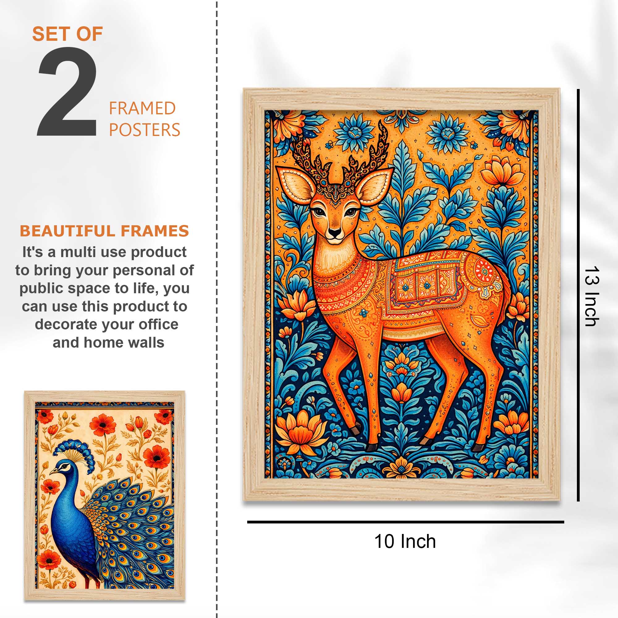 Peacock Deer Tree Indian Folk Art Wall Frame Set of Four - Image 3