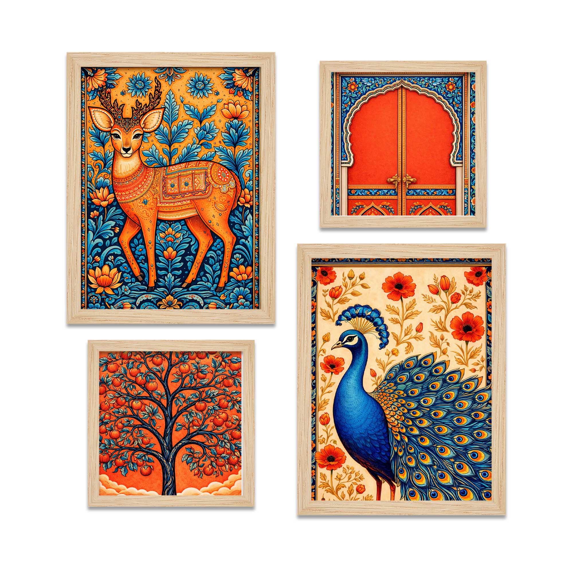 Peacock Deer Tree Indian Folk Art Wall Frame Set of Four - Image 5