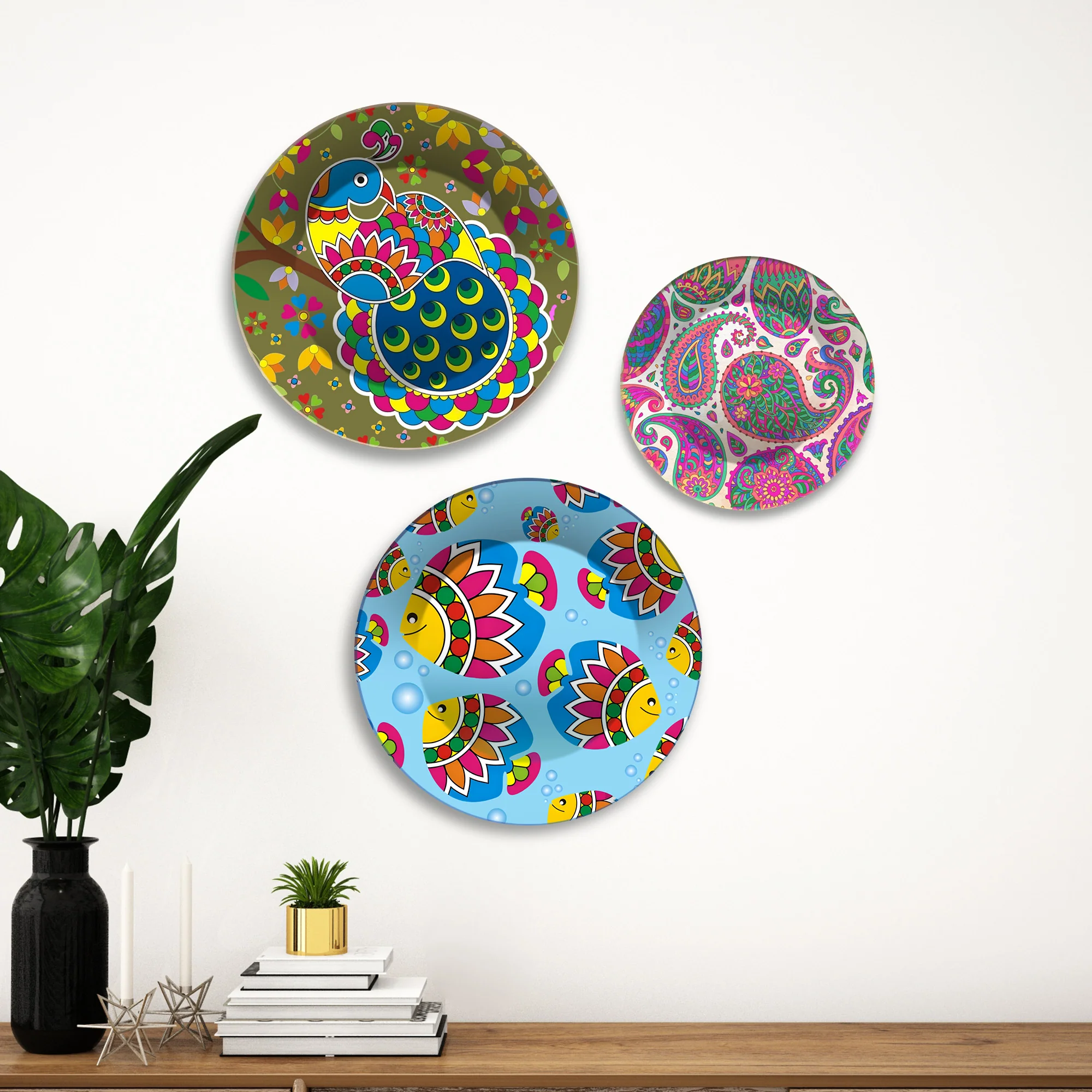 Peacock Fish & Paisley Folk Fiesta Premium Wall Plates Painting Set of 3
