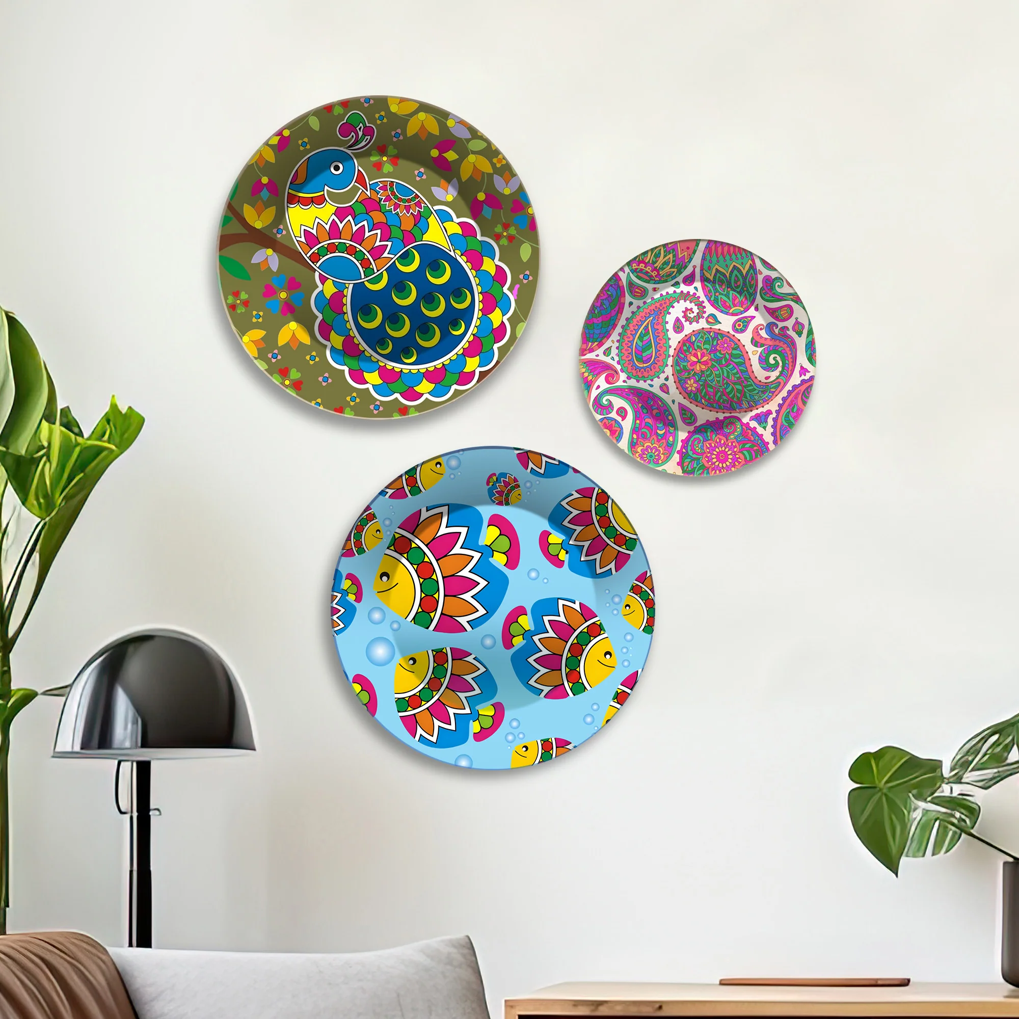 Peacock Fish & Paisley Folk Fiesta Premium Wall Plates Painting Set of 3 - Image 2