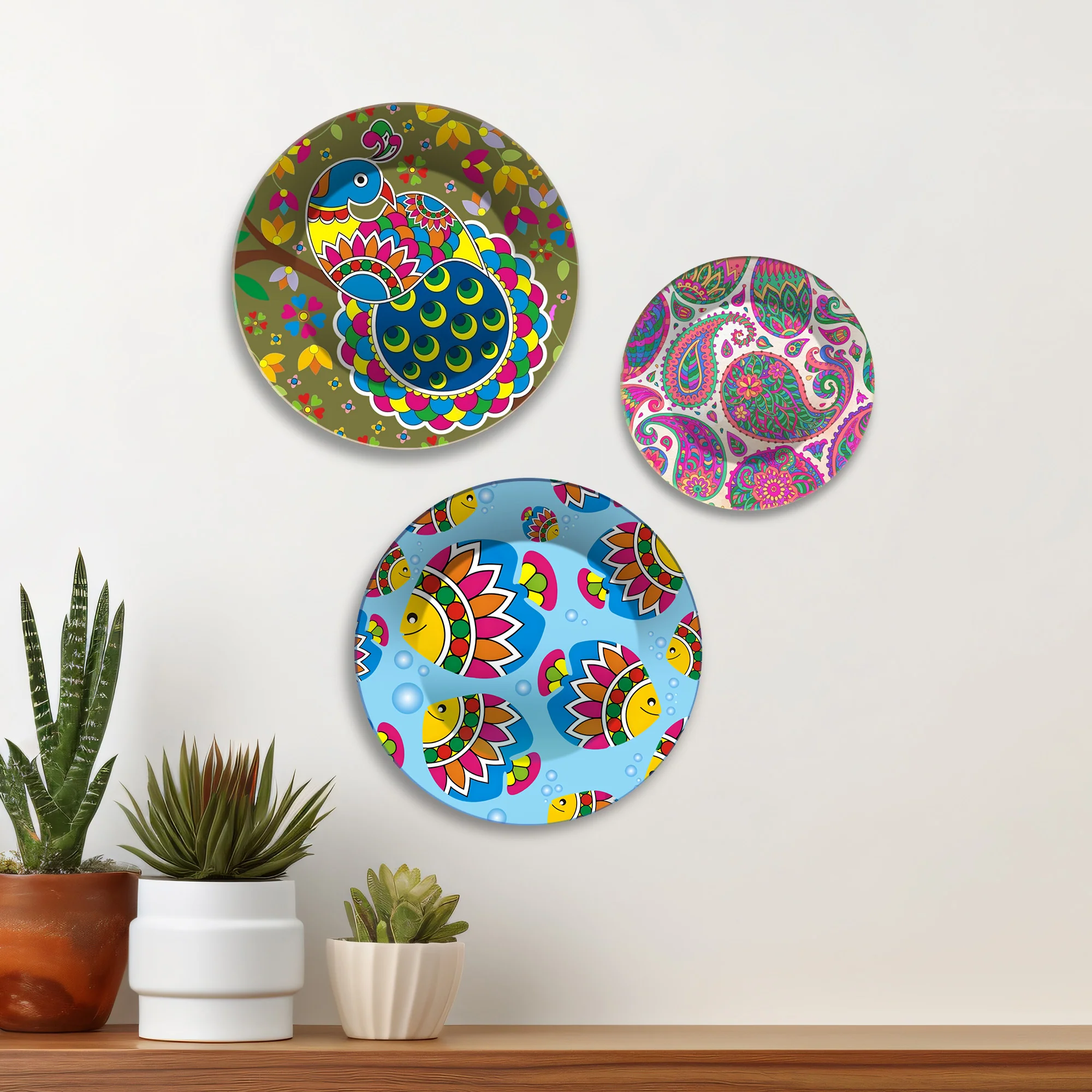 Peacock Fish & Paisley Folk Fiesta Premium Wall Plates Painting Set of 3 - Image 3