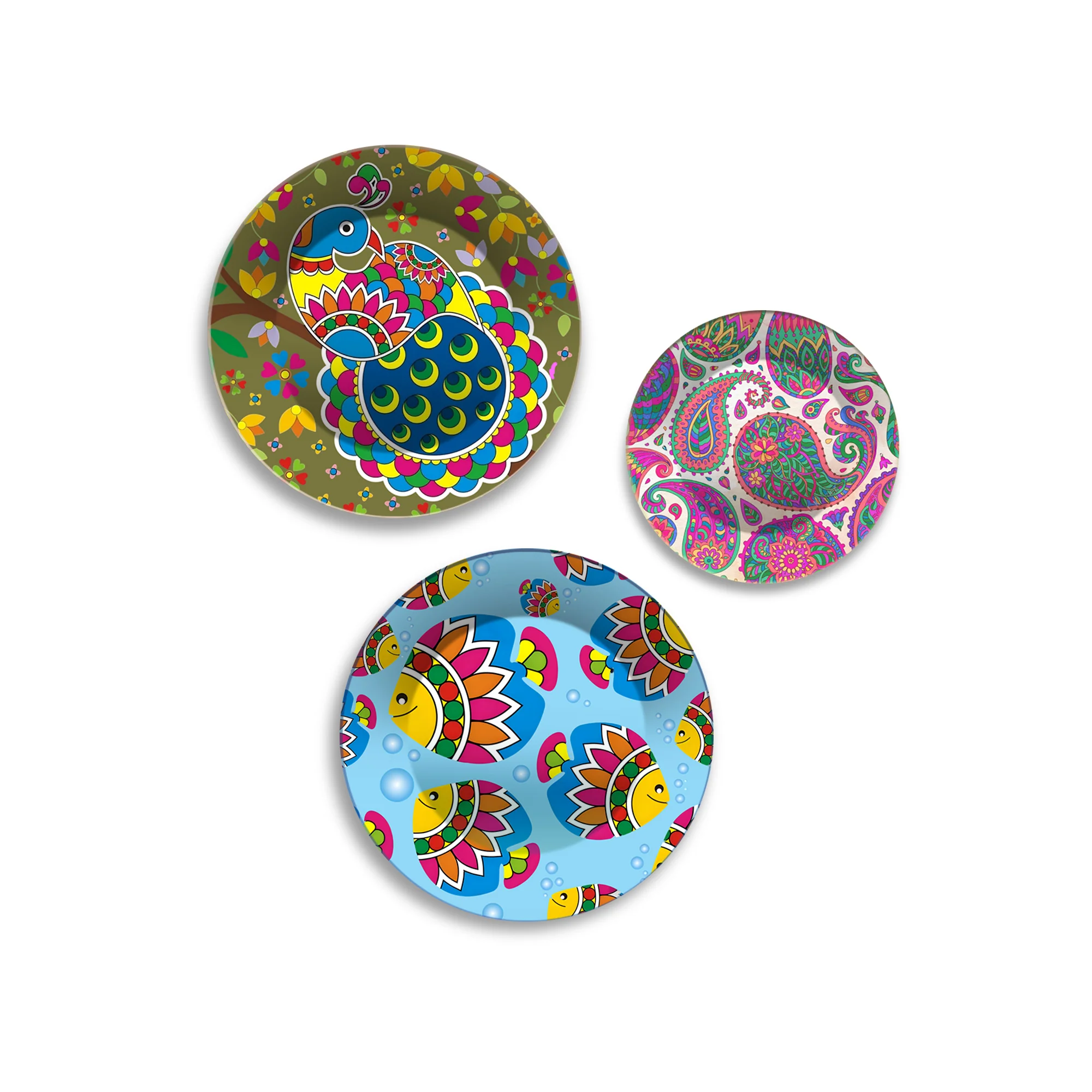 Peacock Fish & Paisley Folk Fiesta Premium Wall Plates Painting Set of 3 - Image 4
