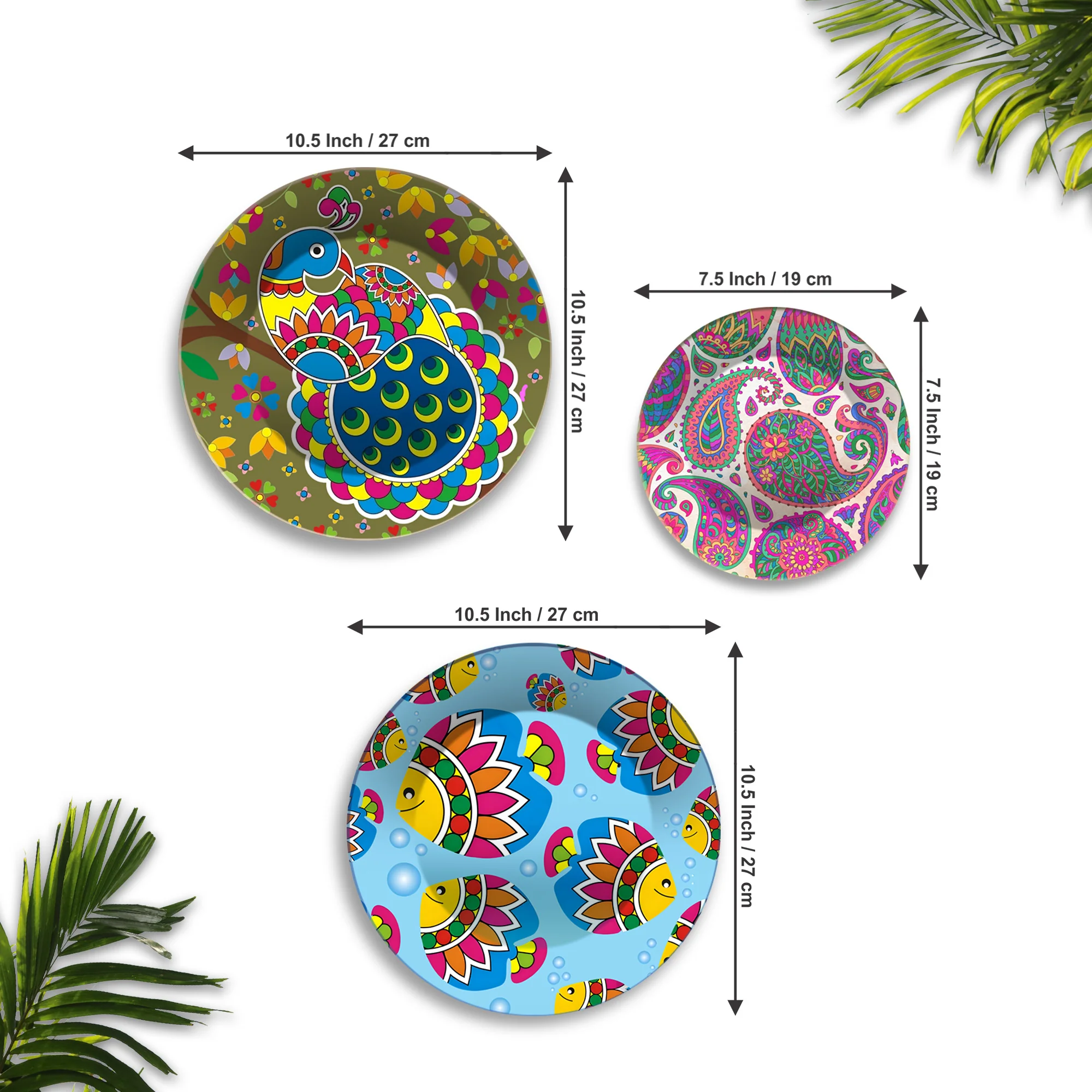 Peacock Fish & Paisley Folk Fiesta Premium Wall Plates Painting Set of 3 - Image 6