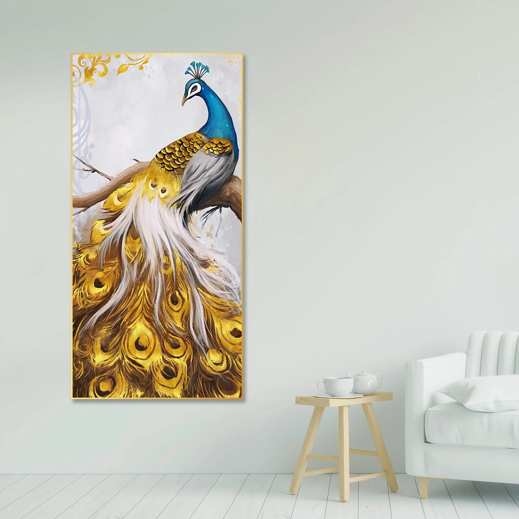 Peacock Golden Feather Floating Canvas Wall Painting - Image 3