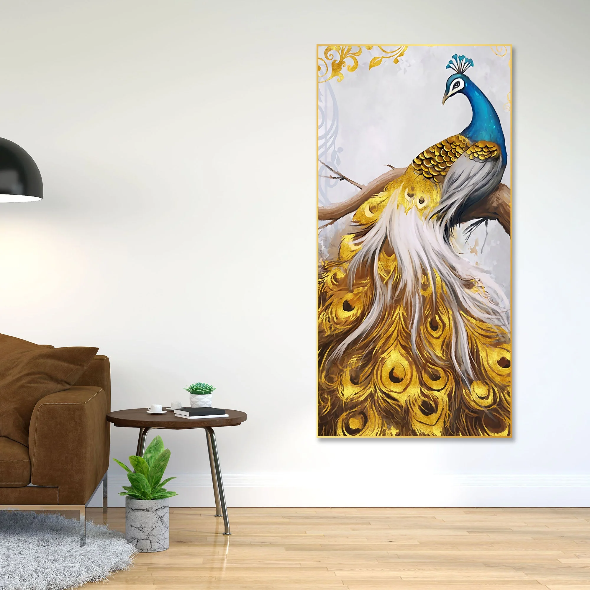 Peacock Golden Feather Floating Canvas Wall Painting - Image 4
