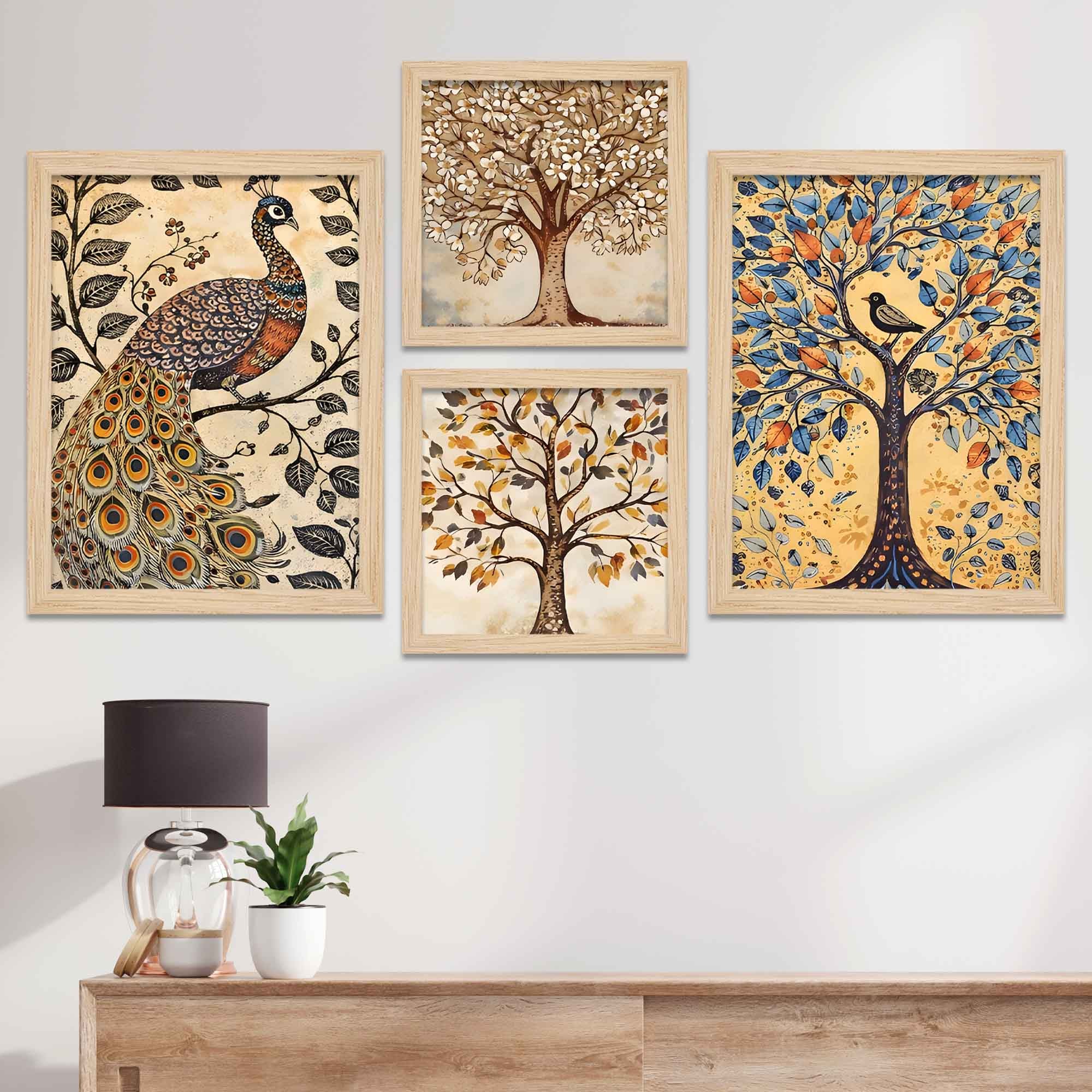 Peacock & Tree Nature Inspired Folk Art Wall Frame Set of Four