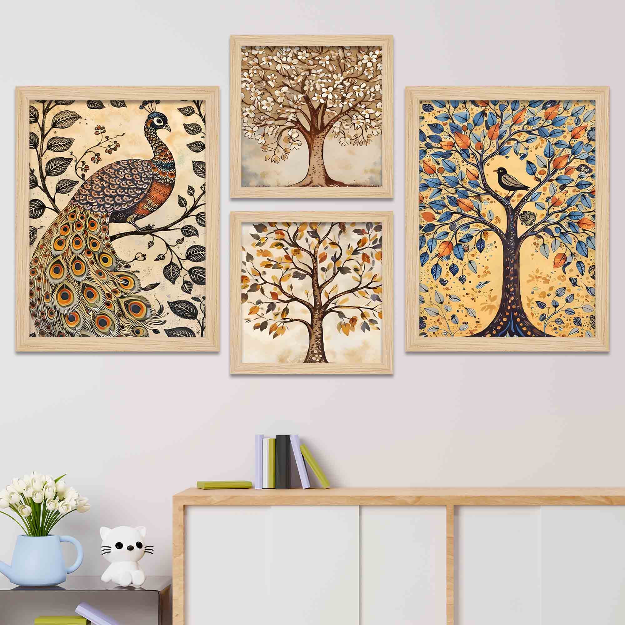 Peacock & Tree Nature Inspired Folk Art Wall Frame Set of Four - Image 2