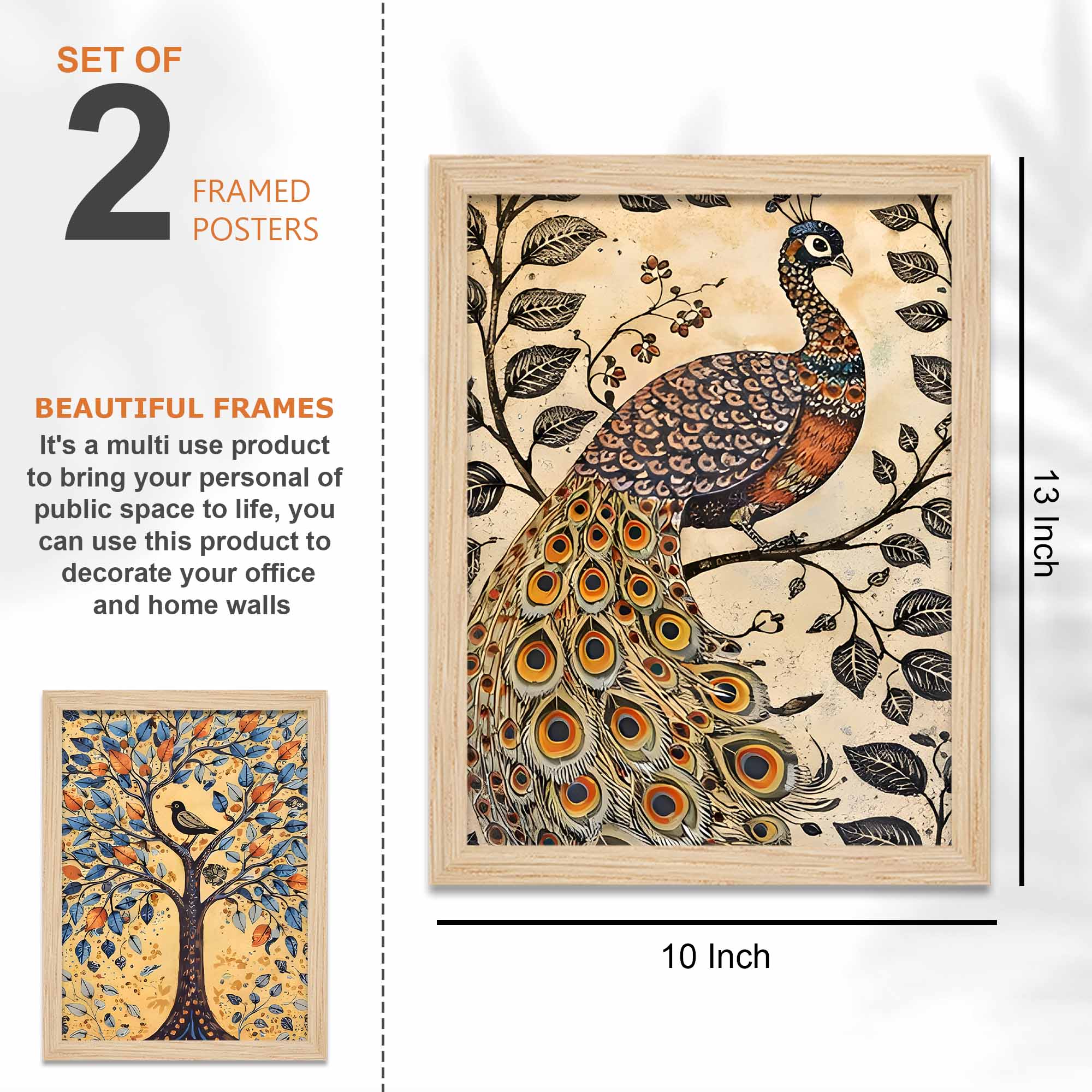 Peacock & Tree Nature Inspired Folk Art Wall Frame Set of Four - Image 3
