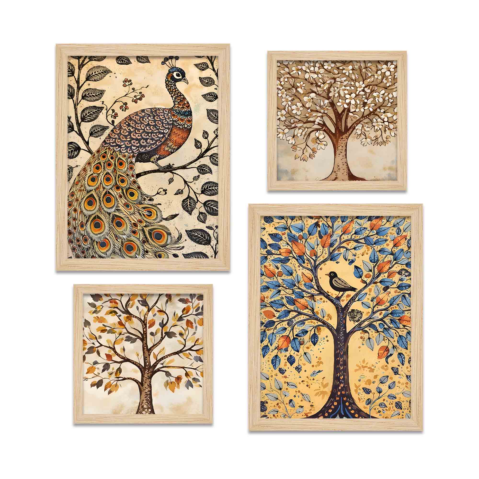 Peacock & Tree Nature Inspired Folk Art Wall Frame Set of Four - Image 5