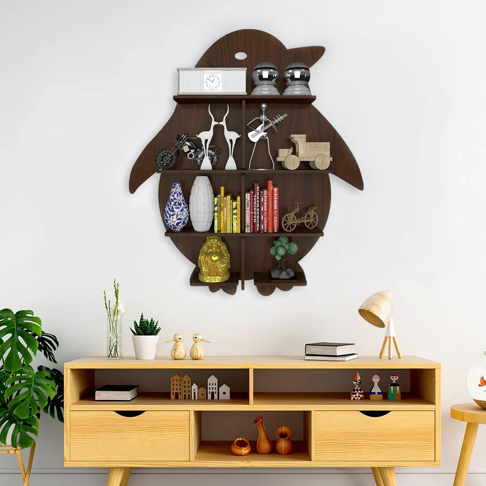 Penguin Backlit Designer Wooden Wall Shelf / Book Shelf / Night Light, Walnut Finish - Image 2