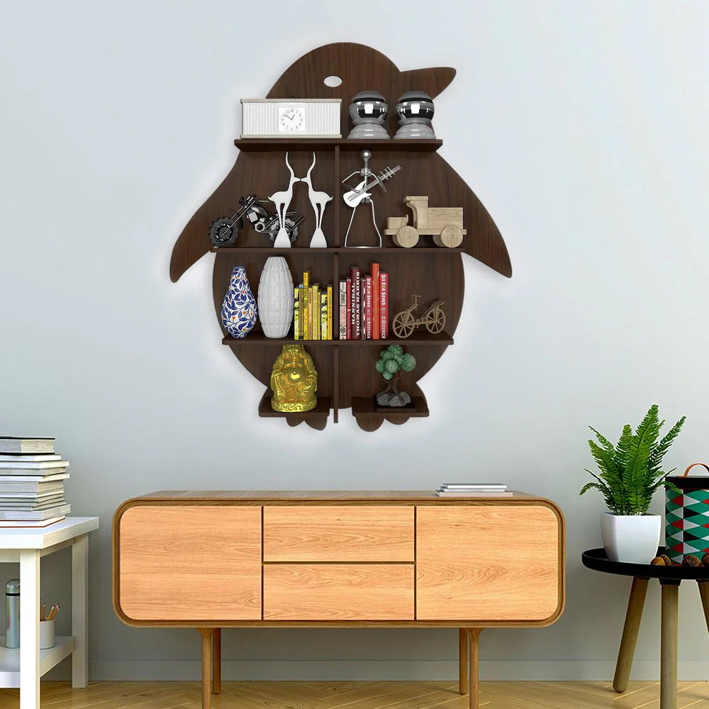 Penguin Backlit Designer Wooden Wall Shelf / Book Shelf / Night Light, Walnut Finish - Image 3