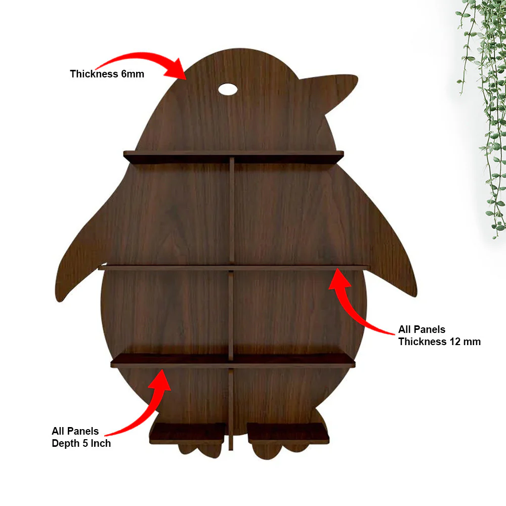 Penguin Backlit Designer Wooden Wall Shelf / Book Shelf / Night Light, Walnut Finish - Image 6