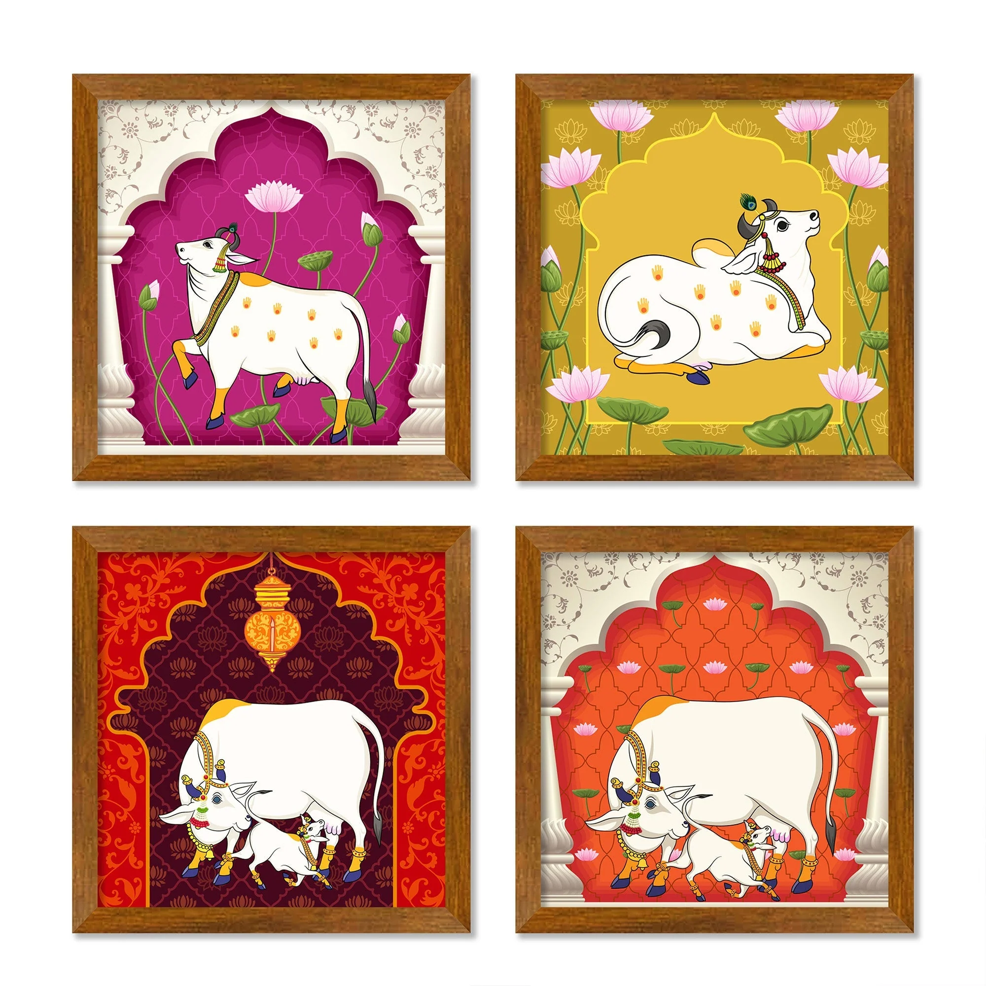 Pichwai Cow Floral Art Premium Wall Frame Set of Four - Image 3