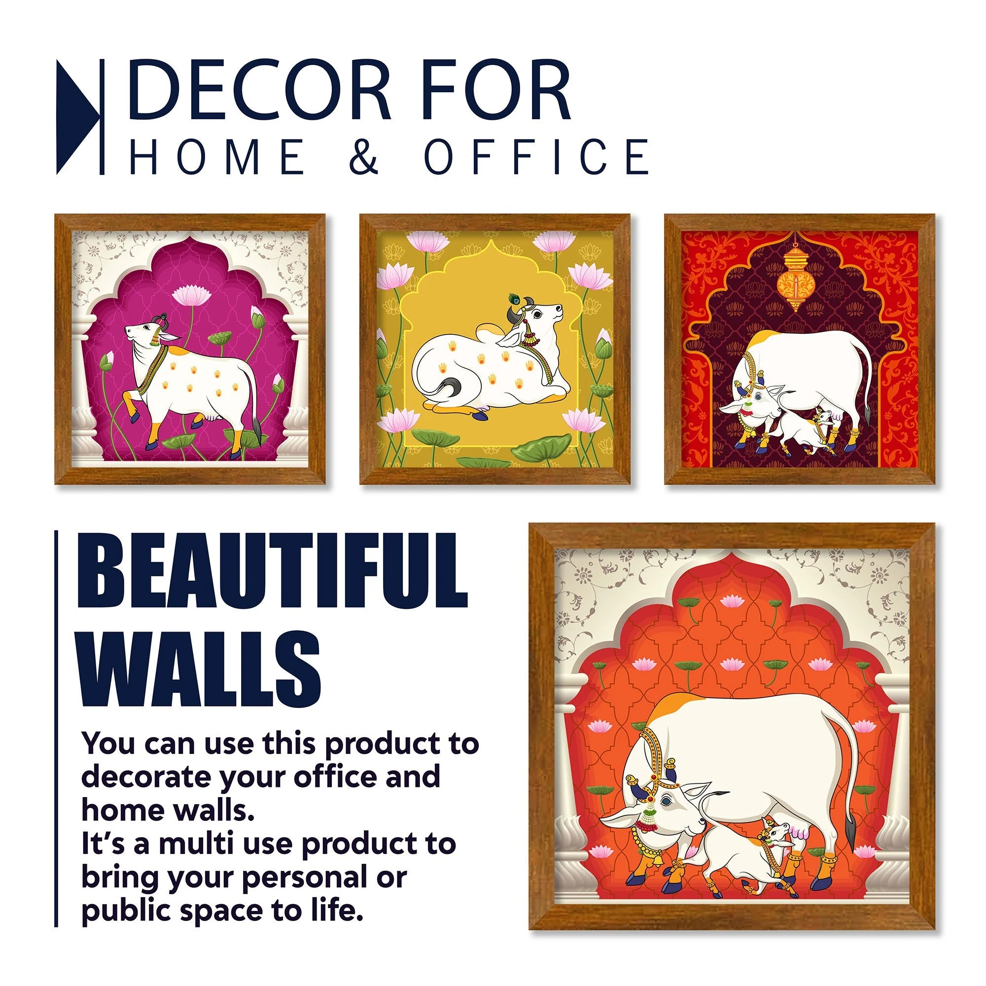 Pichwai Cow Floral Art Premium Wall Frame Set of Four - Image 4