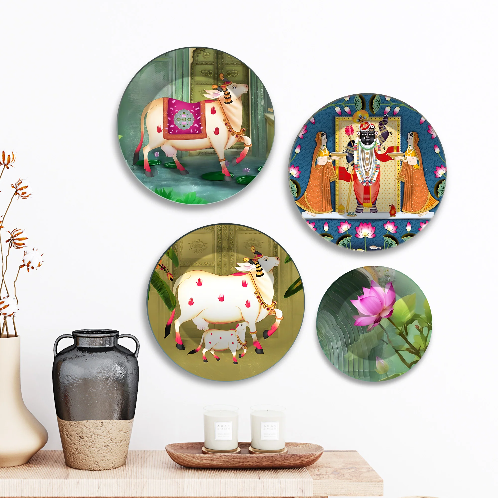 Pichwai Divine Cow & Krishna Premium Wall Plates Painting Set of Four - Image 3