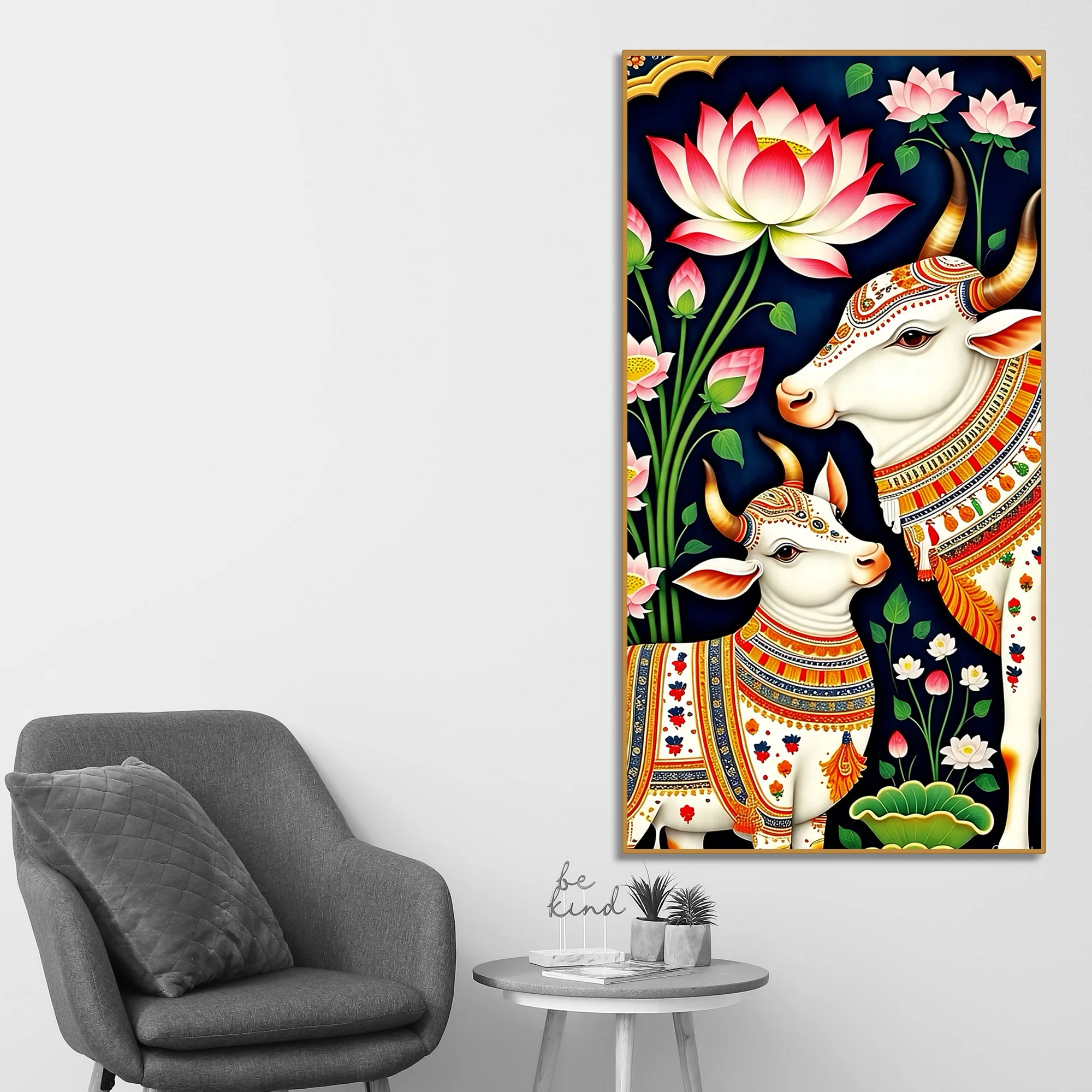 Pichwai Gau Mata Cow & Calf Canvas Wall Painting | Traditional Indian Cow Painting for Home - Image 2