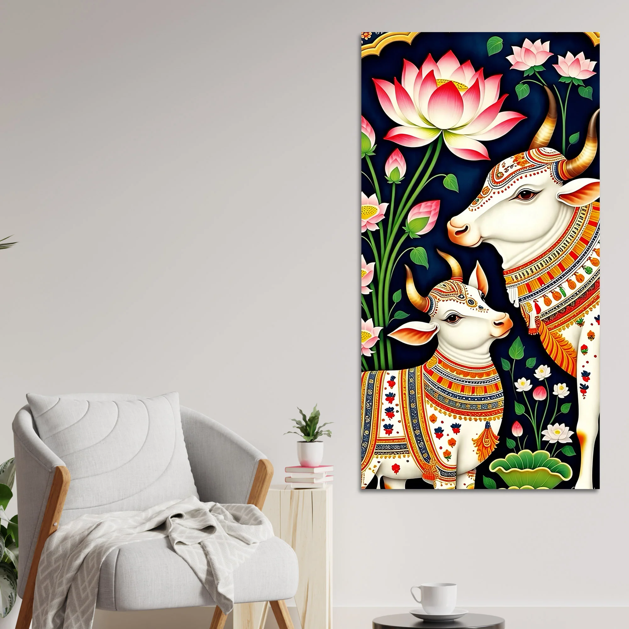 Pichwai Gau Mata Cow & Calf Canvas Wall Painting | Traditional Indian Cow Painting for Home - Image 3
