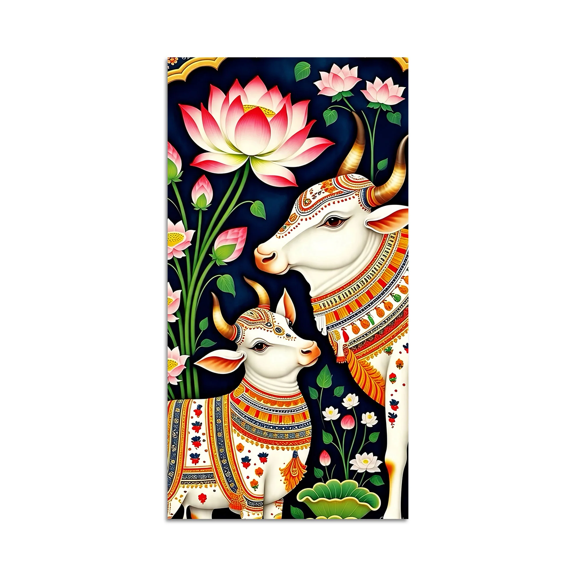 Pichwai Gau Mata Cow & Calf Canvas Wall Painting | Traditional Indian Cow Painting for Home - Image 4