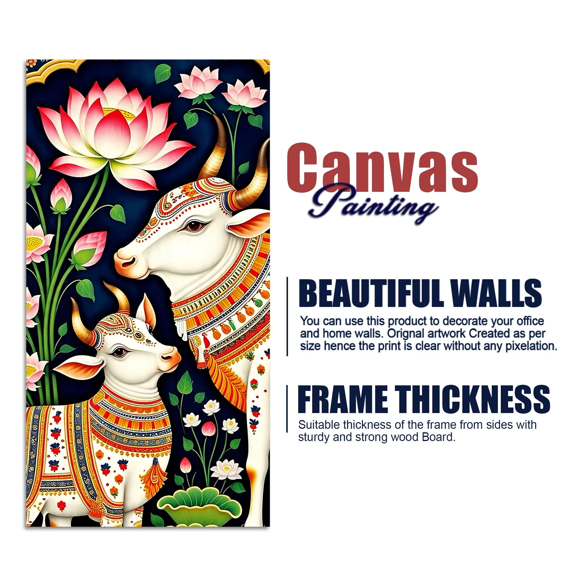 Pichwai Gau Mata Cow & Calf Canvas Wall Painting | Traditional Indian Cow Painting for Home - Image 7