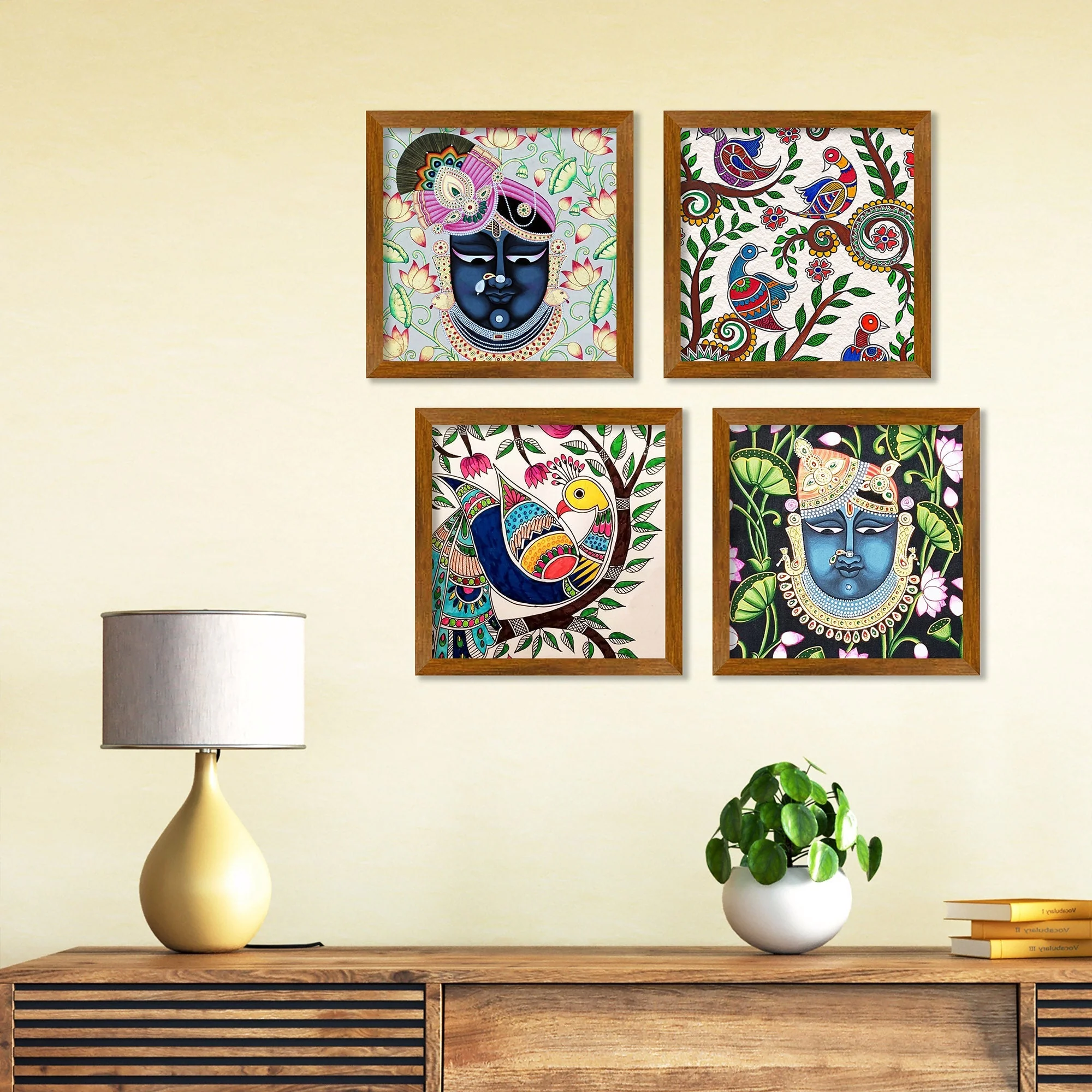 Pichwai Krishna Designer Art Wooden Wall Frame Set of Four - Image 2