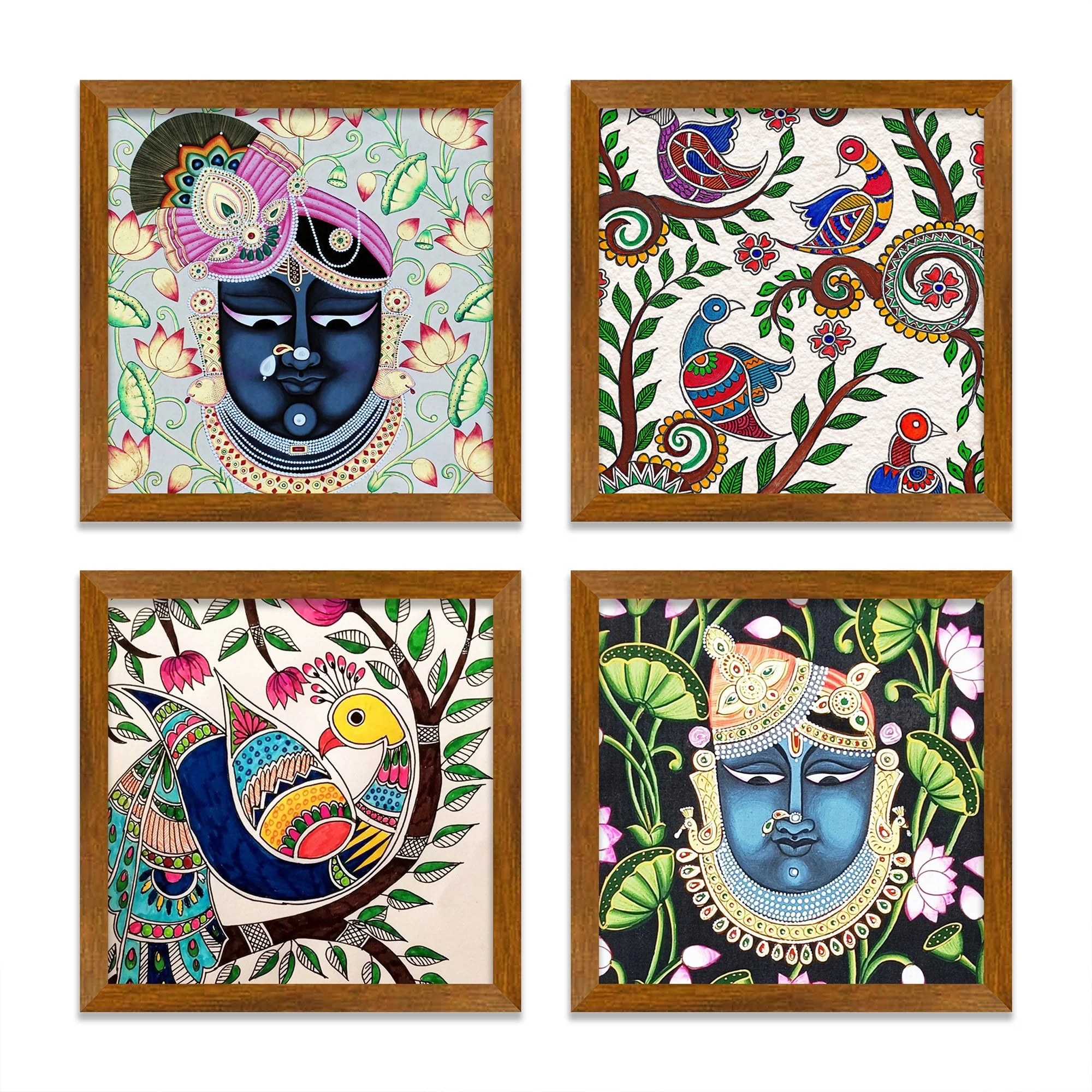 Pichwai Krishna Designer Art Wooden Wall Frame Set of Four - Image 3