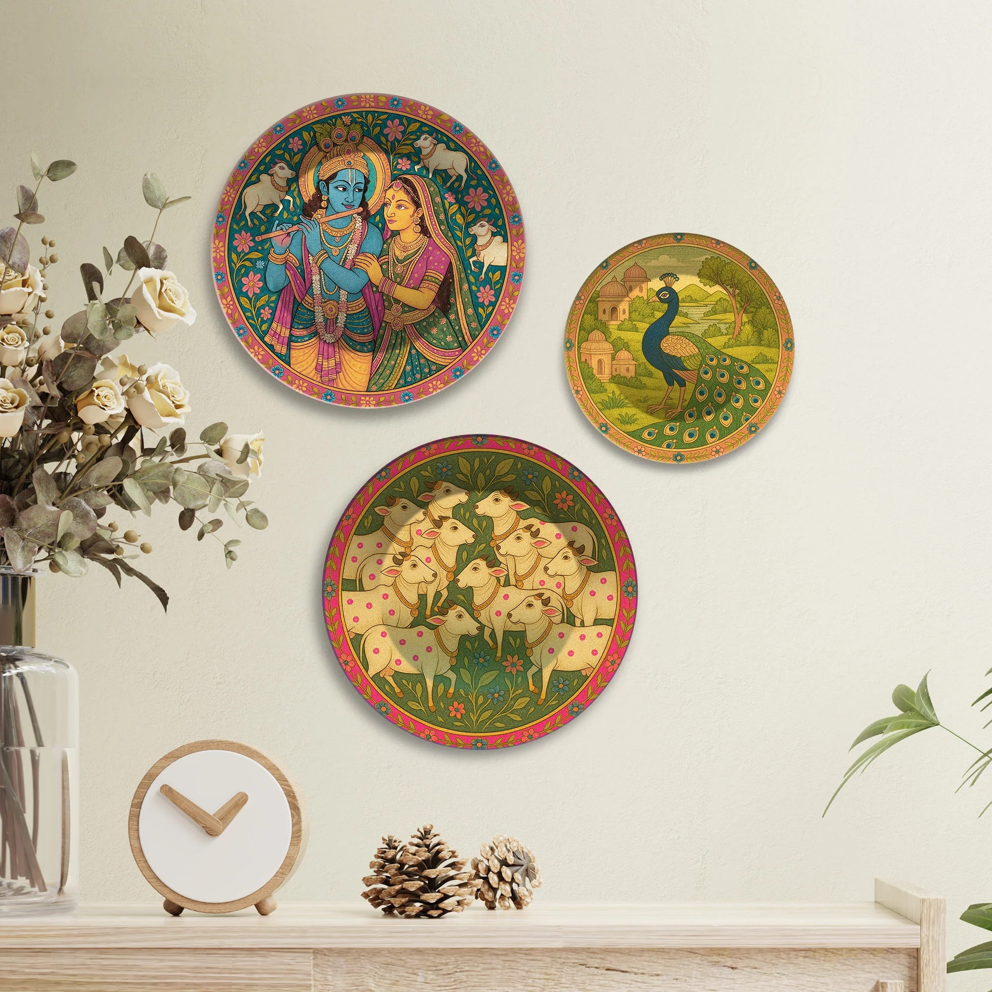 Pichwai Krishna Peacock & Cows Premium Wall Plates Painting Set of 3 - Image 2