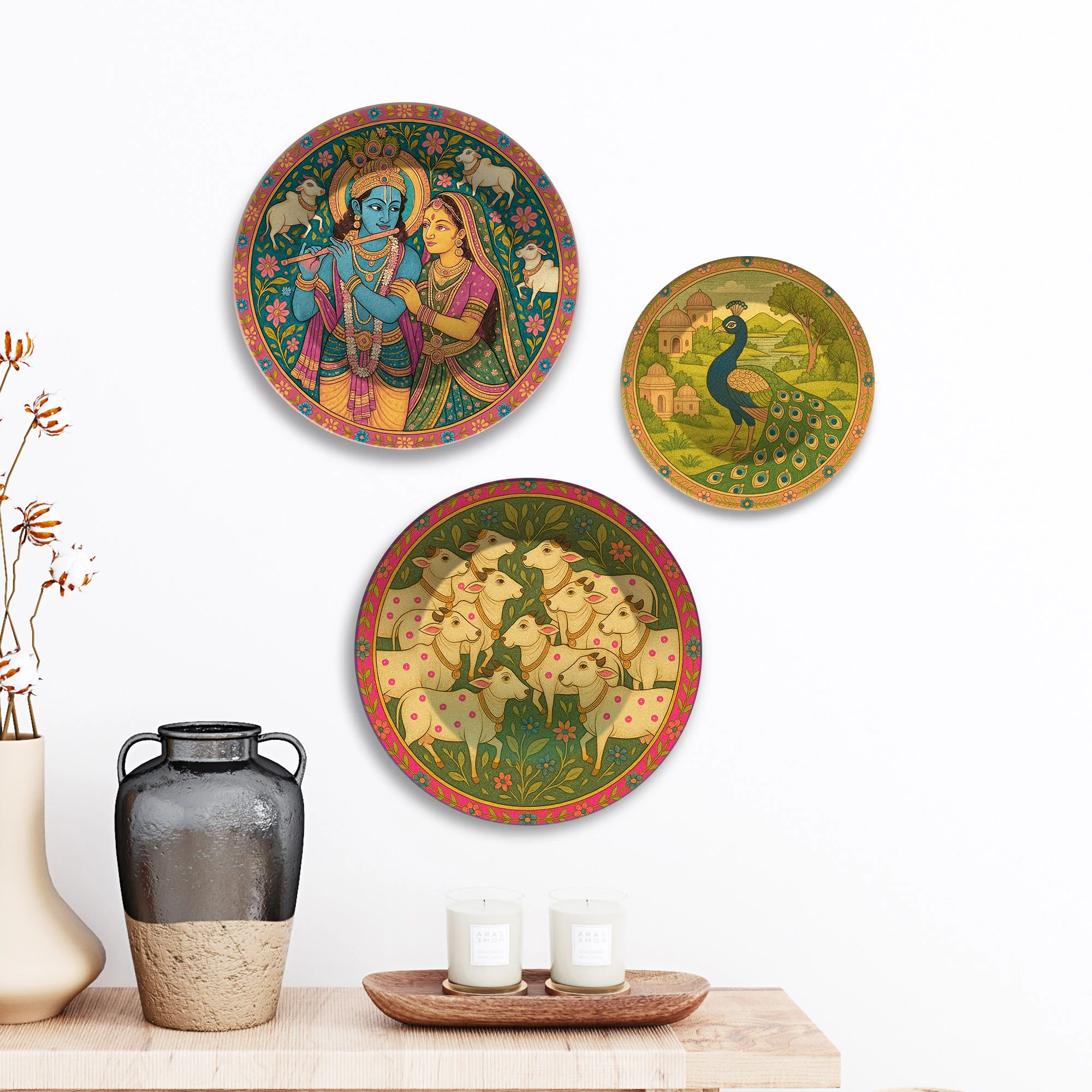 Pichwai Krishna Peacock & Cows Premium Wall Plates Painting Set of 3 - Image 3