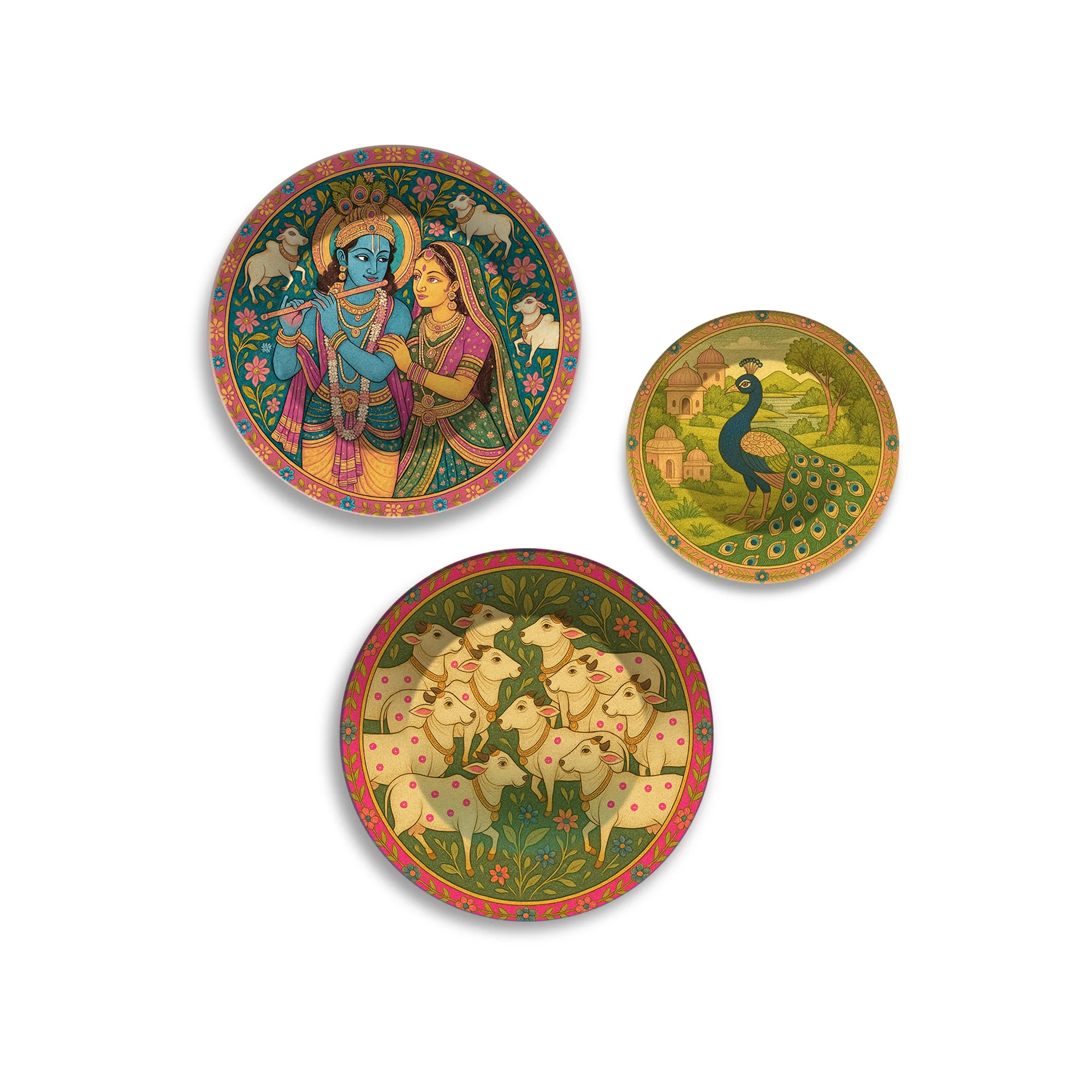Pichwai Krishna Peacock & Cows Premium Wall Plates Painting Set of 3 - Image 4