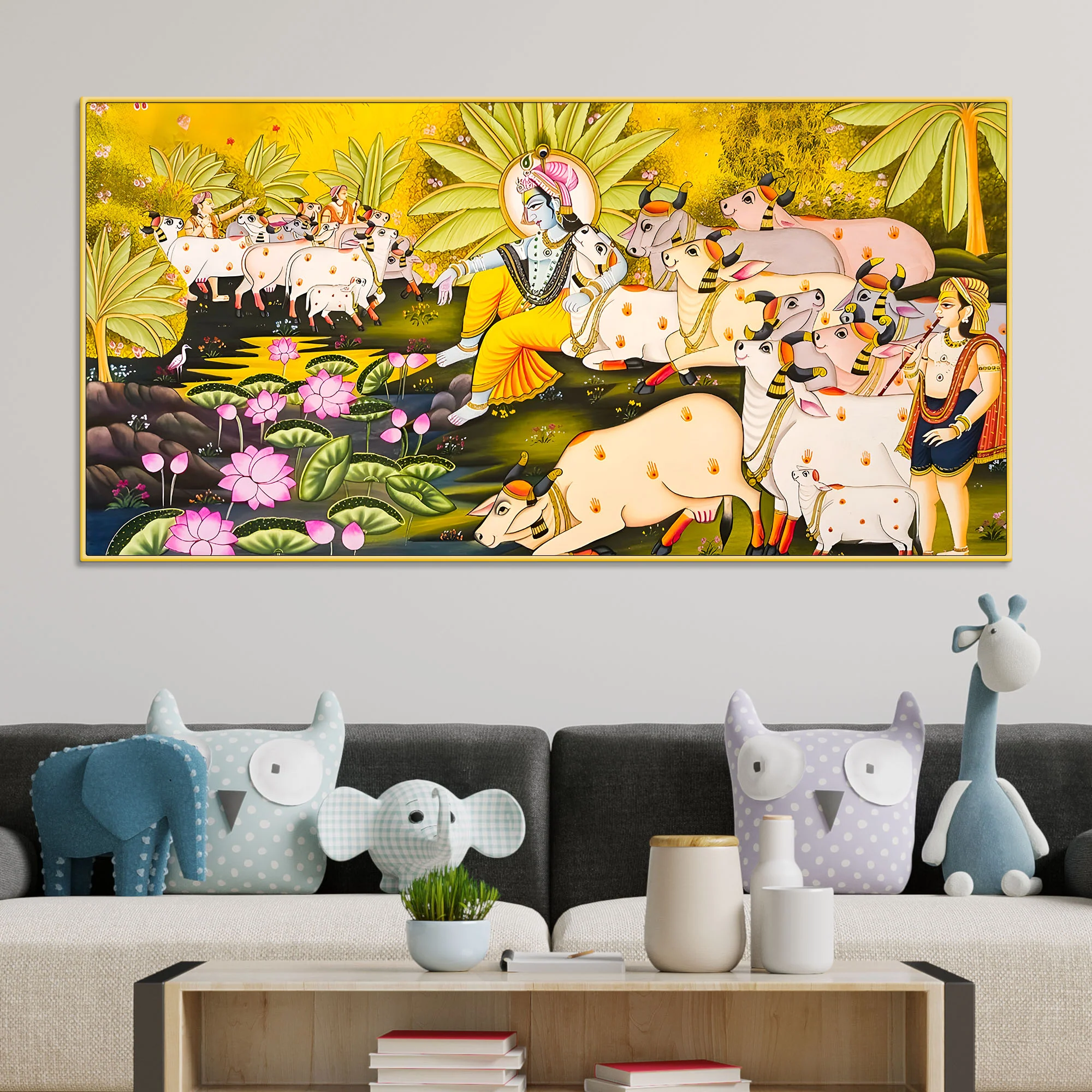 Pichwai Krishna with Sacred Cows Canvas Painting | Traditional Indian Wall Art - Image 2