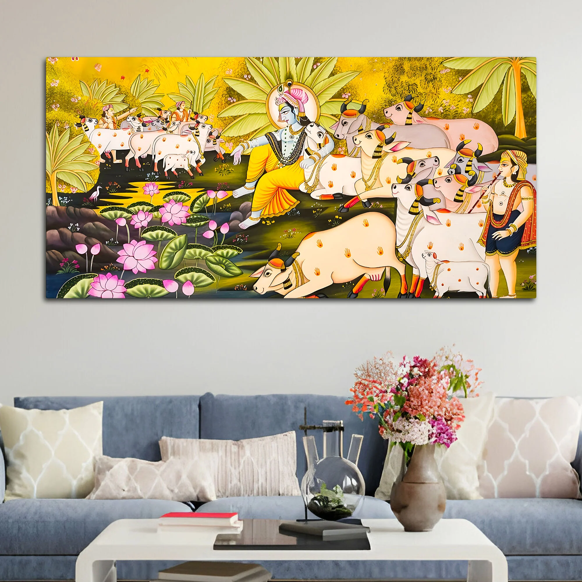 Pichwai Krishna with Sacred Cows Canvas Painting | Traditional Indian Wall Art - Image 3