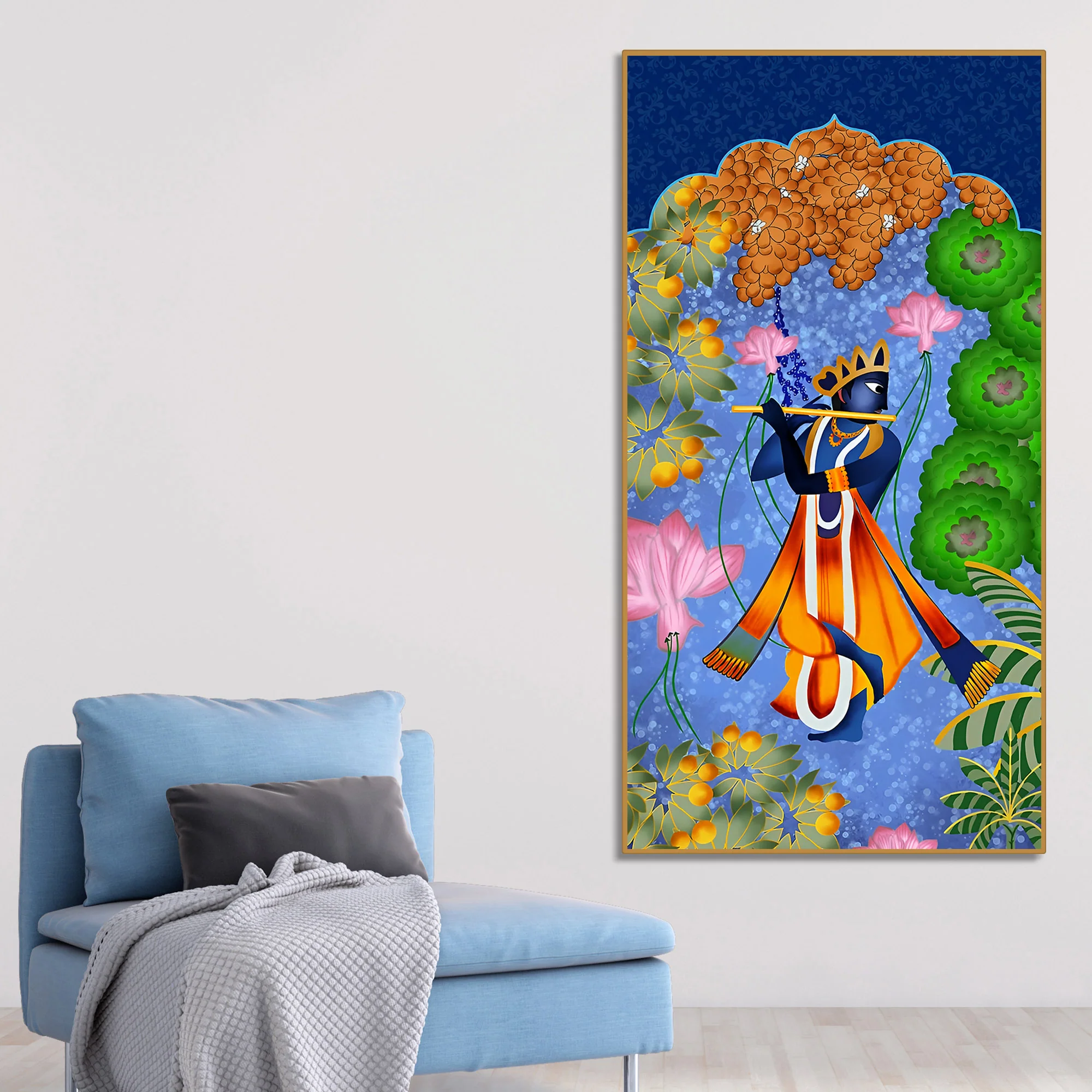 Pichwai Lord Krishna Flute Playing Canvas Wall Painting | Spiritual Indian Art for Home Décor - Image 2