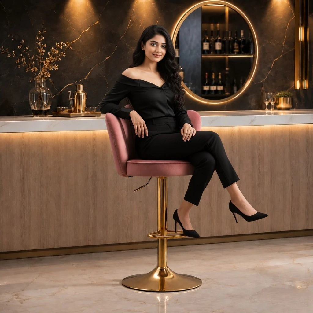 Pink Velvet Lounge Bar Stools with Glamorous Golden Frame - Image 3