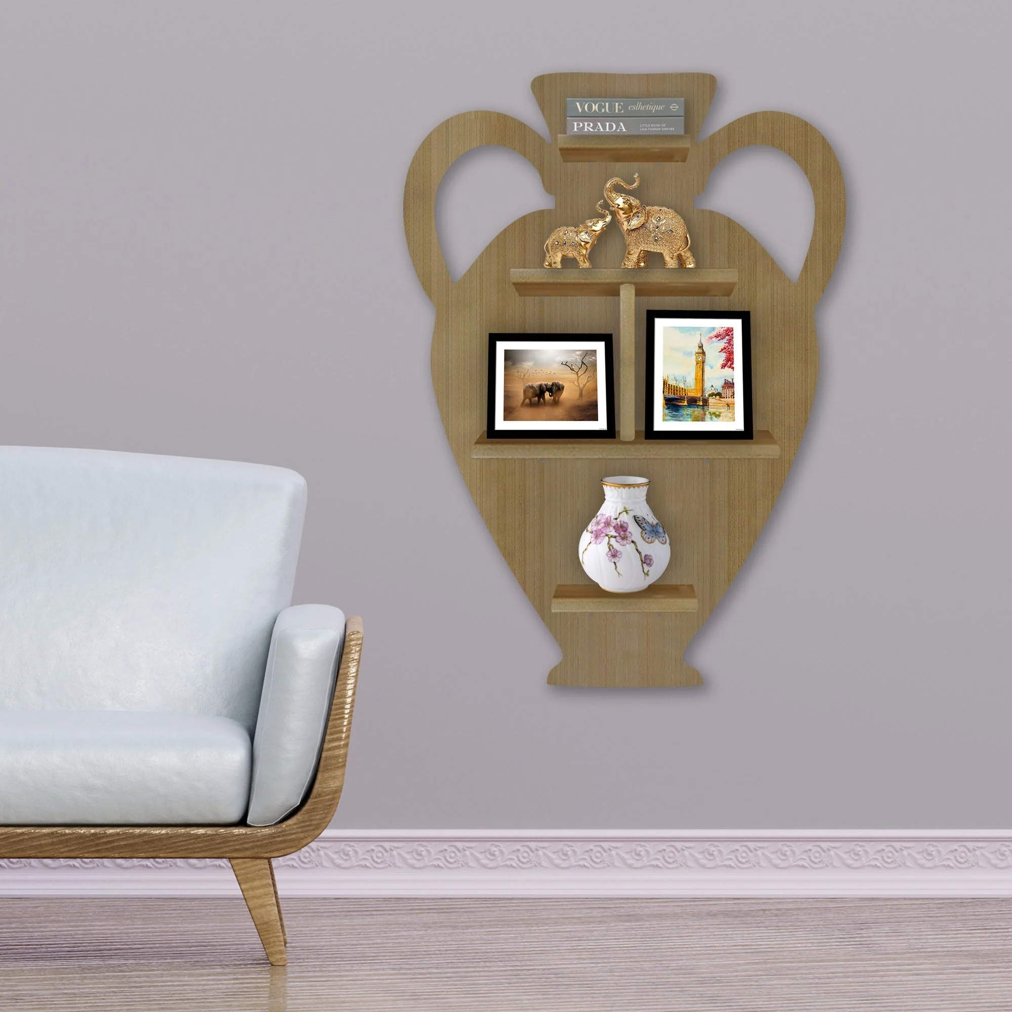 Pitcher Shape Wooden LED Light Wall Shelf with Oak Finish - Image 2