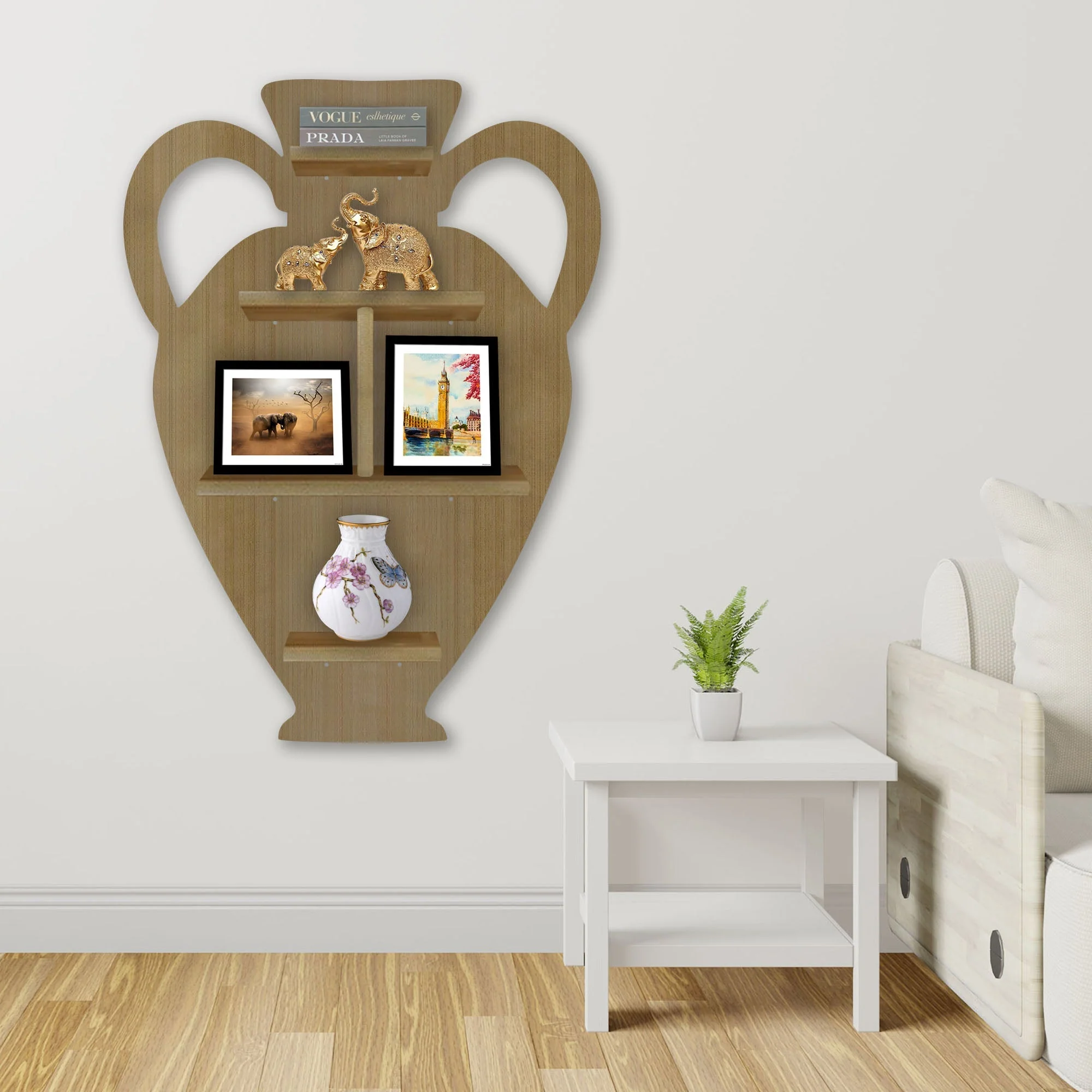 Pitcher Shape Wooden LED Light Wall Shelf with Oak Finish - Image 3