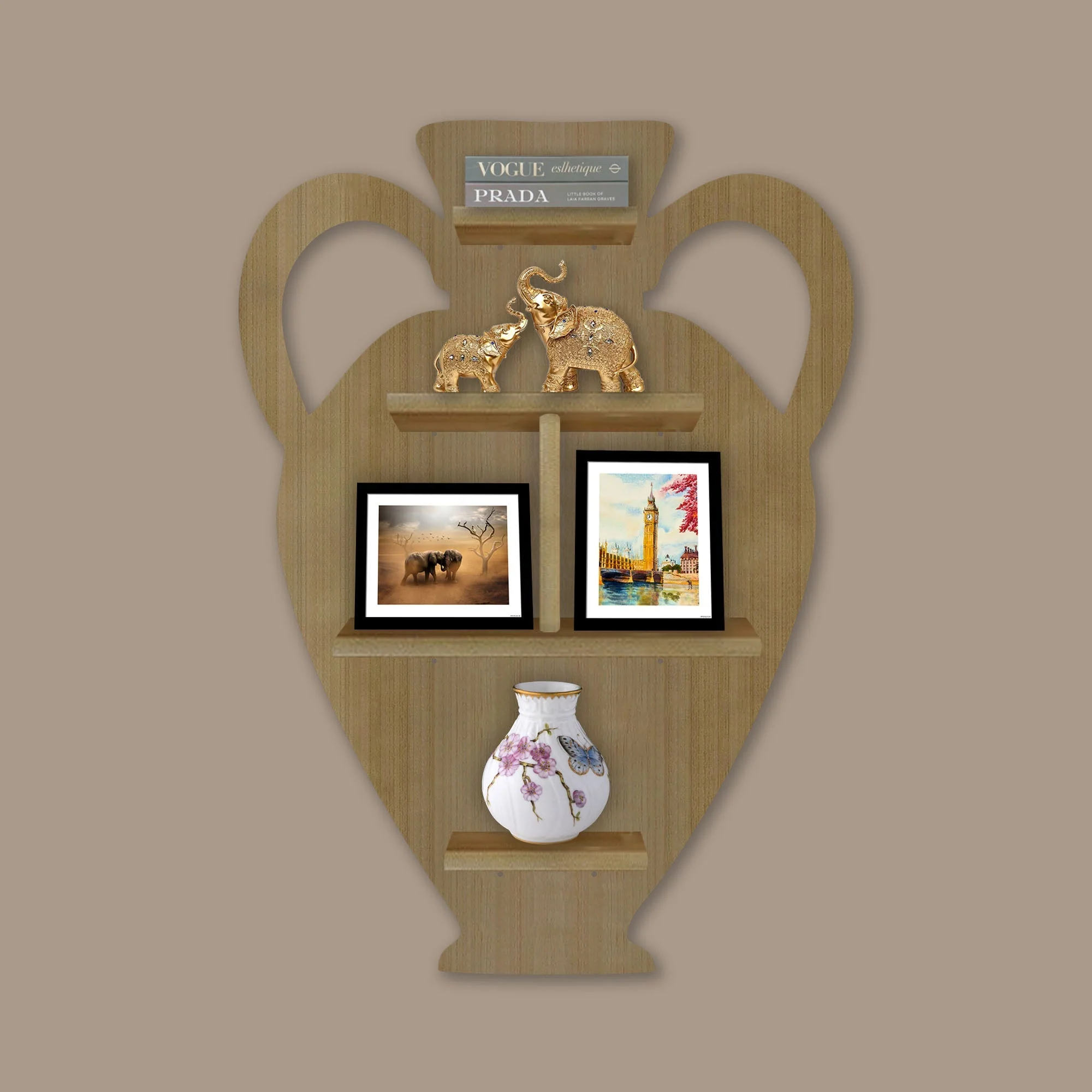 Pitcher Shape Wooden LED Light Wall Shelf with Oak Finish - Image 4