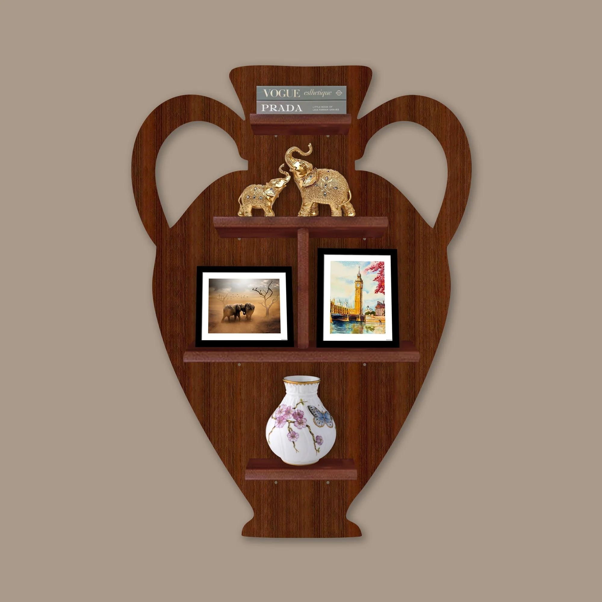 Pitcher Shape Wooden LED Light Wall Shelf with Walnut Finish - Image 4