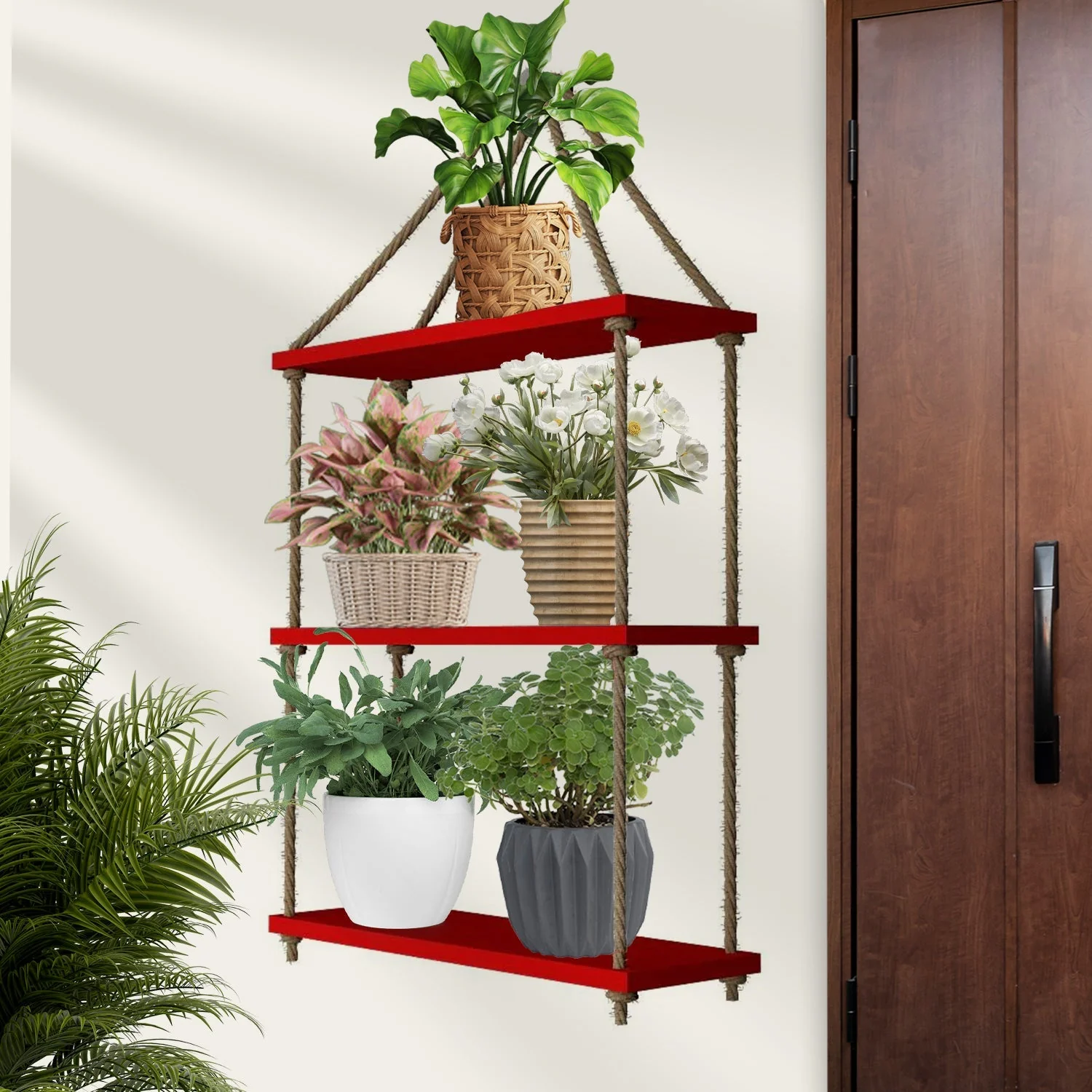 Planter Shelf Wooden Wall Hanging with Rope (Red Color) - Image 2