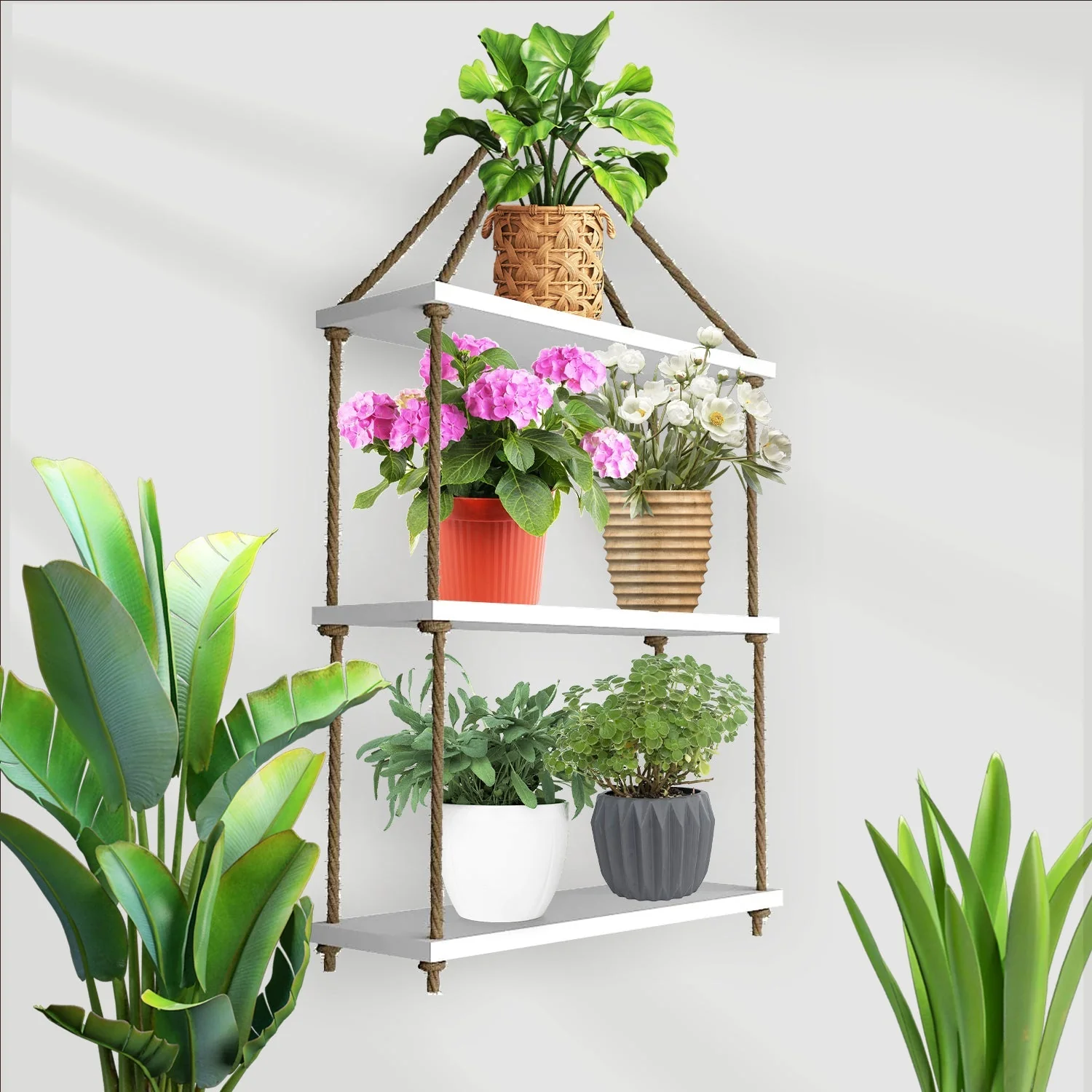 Planter Shelf Wooden Wall Hanging with Rope (White Color) - Image 2
