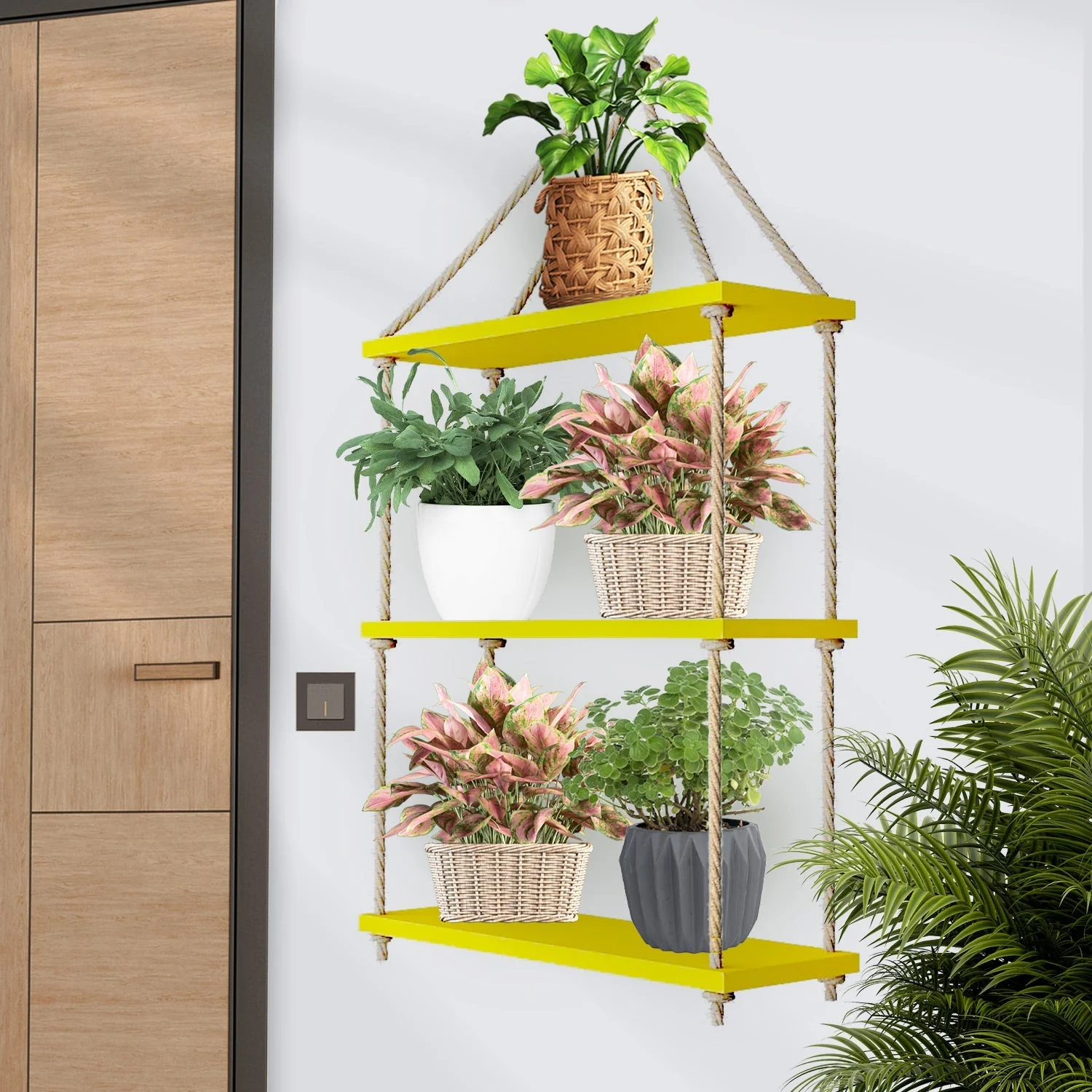 Planter Shelf Wooden Wall Hanging with Rope (Yellow Color) - Image 2
