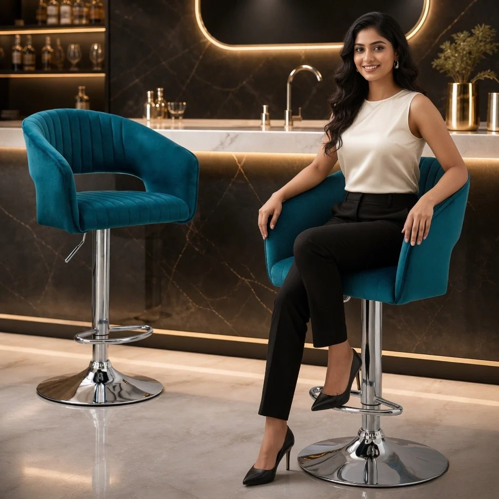 Plush Feel Blue Velvet Adjustable Bar Stool / Long Chair - Image 3