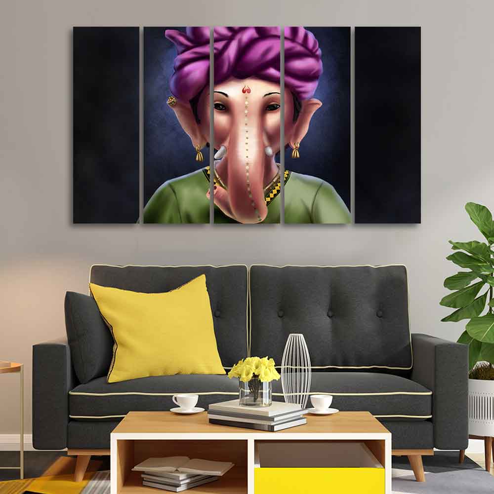 Portrait of Lord Ganesha Canvas Wall Painting of Five Pieces - Image 2