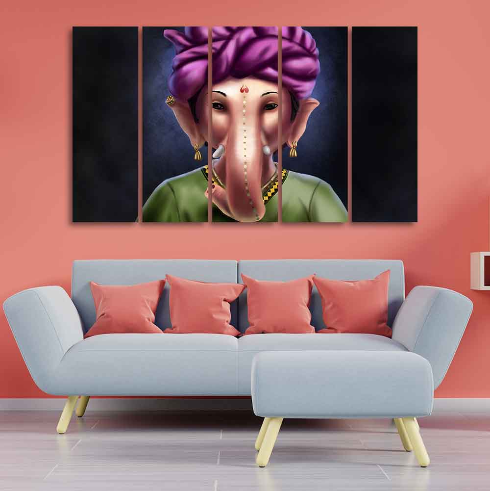 Portrait of Lord Ganesha Canvas Wall Painting of Five Pieces - Image 3