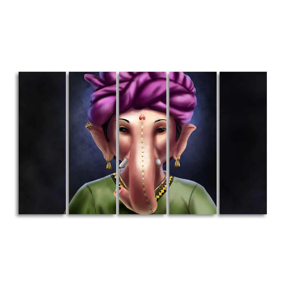 Portrait of Lord Ganesha Canvas Wall Painting of Five Pieces - Image 4